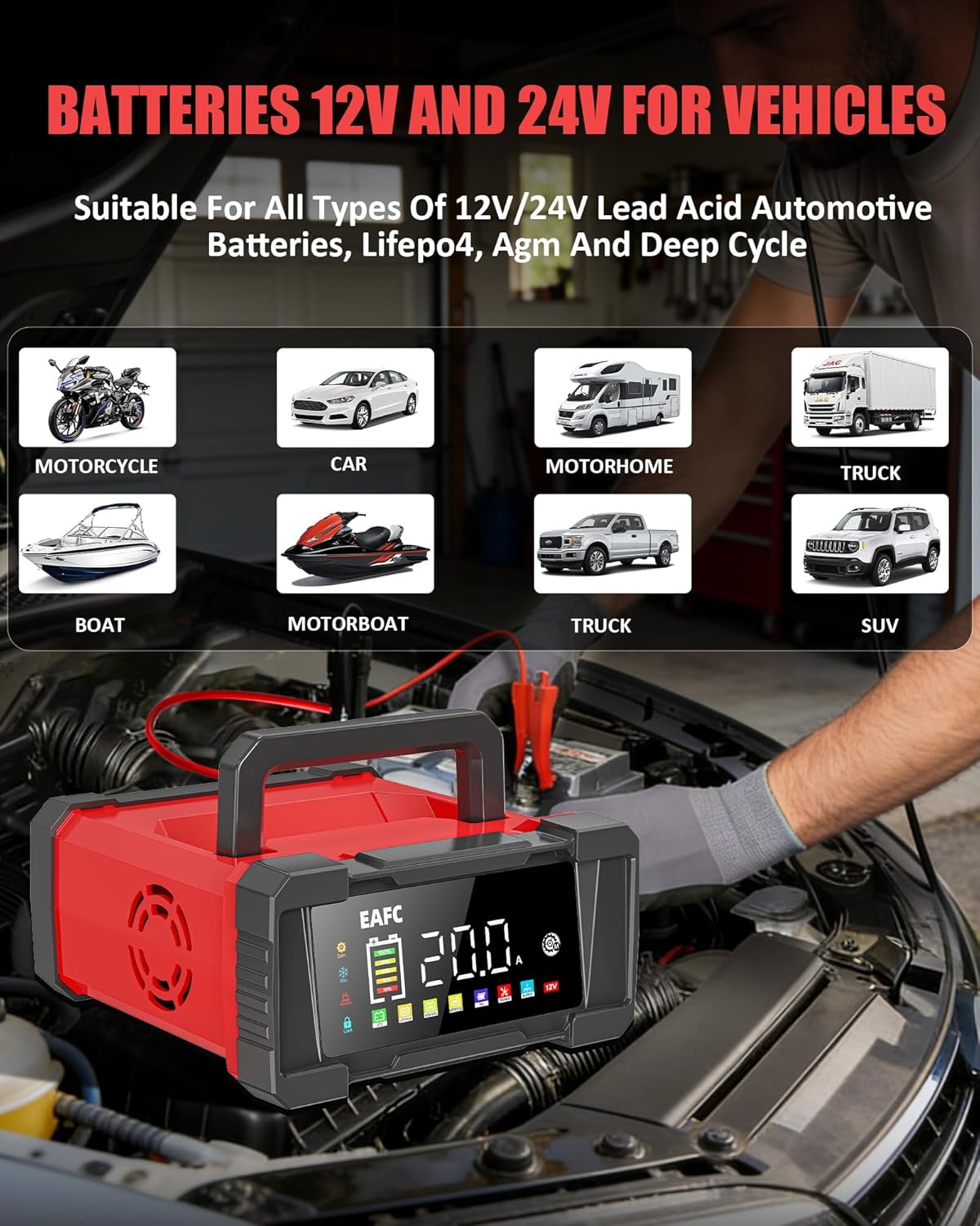 Detalle de EAFC 20Amp 12V/24V Smart Car Battery Charger & Maintainer with LCD Display