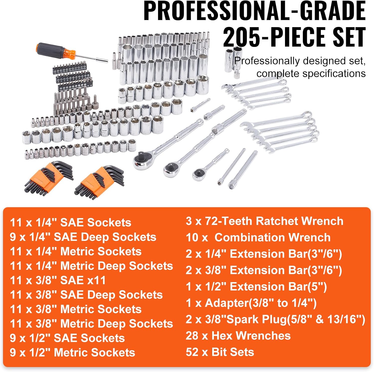 Detalle de VEVOR XL3264 Mechanics Tool Set, 205-Piece SAE & Metric, 3 Drive Sizes