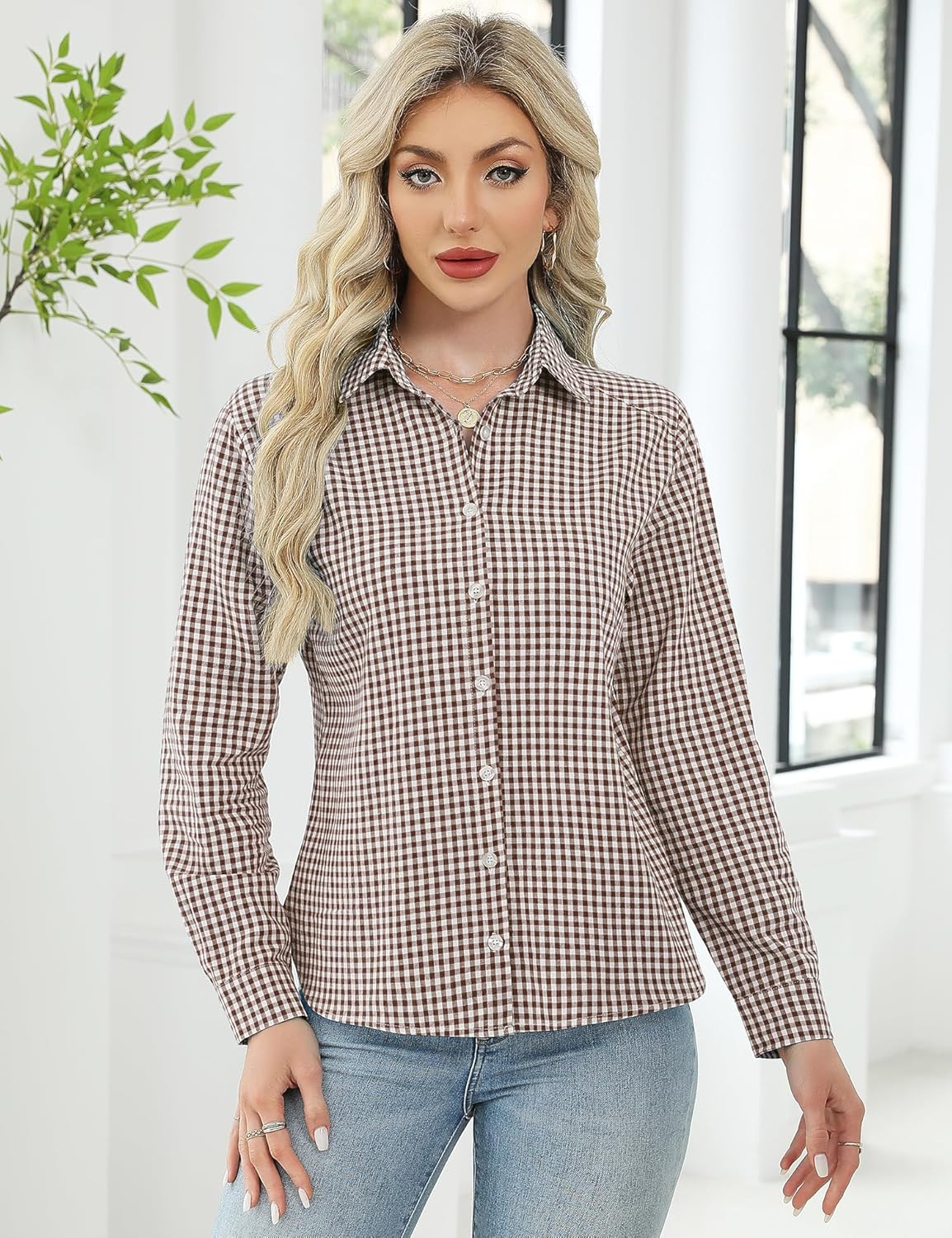 Thumbnail 2 de Rapbin Damen-Bluse mit V-Ausschnitt, Langarmhemd im karierten Streifen-Design