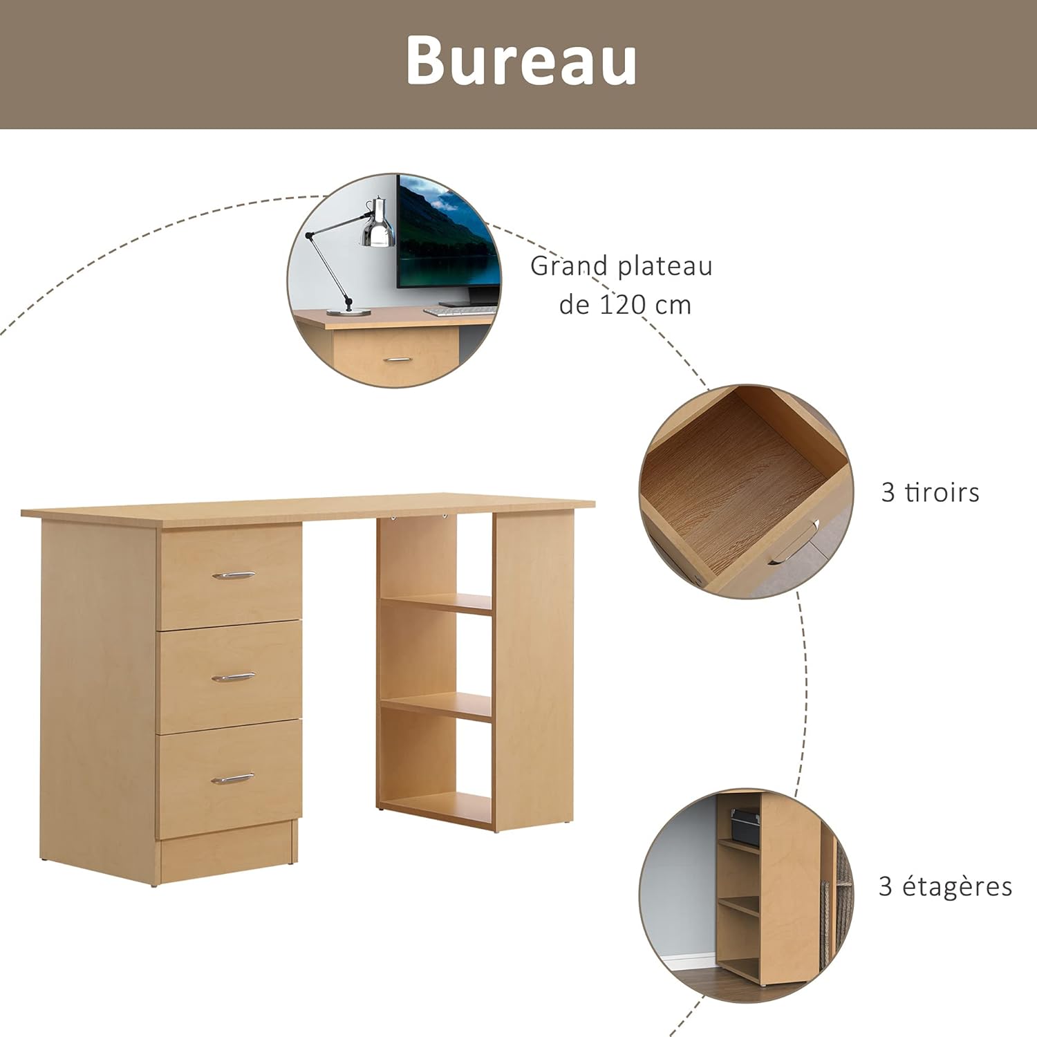 Detalle de HOMCOM Bureau d'ordinateur avec 3 tiroirs et 3 étagères – 120 x 49 x 72 cm, bois clair, rangement réversible