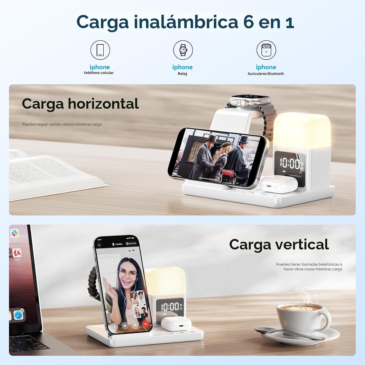Detalle 2 de Cargador inalámbrico 6 en 1 con lámpara y despertador