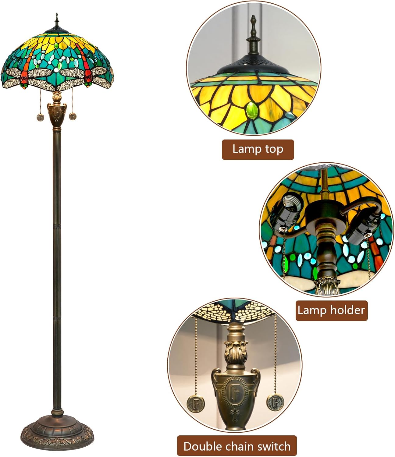 Thumbnail 6 de Blivuself Tiffany-style dragonfly floor lamp with stained glass shade and pull chain