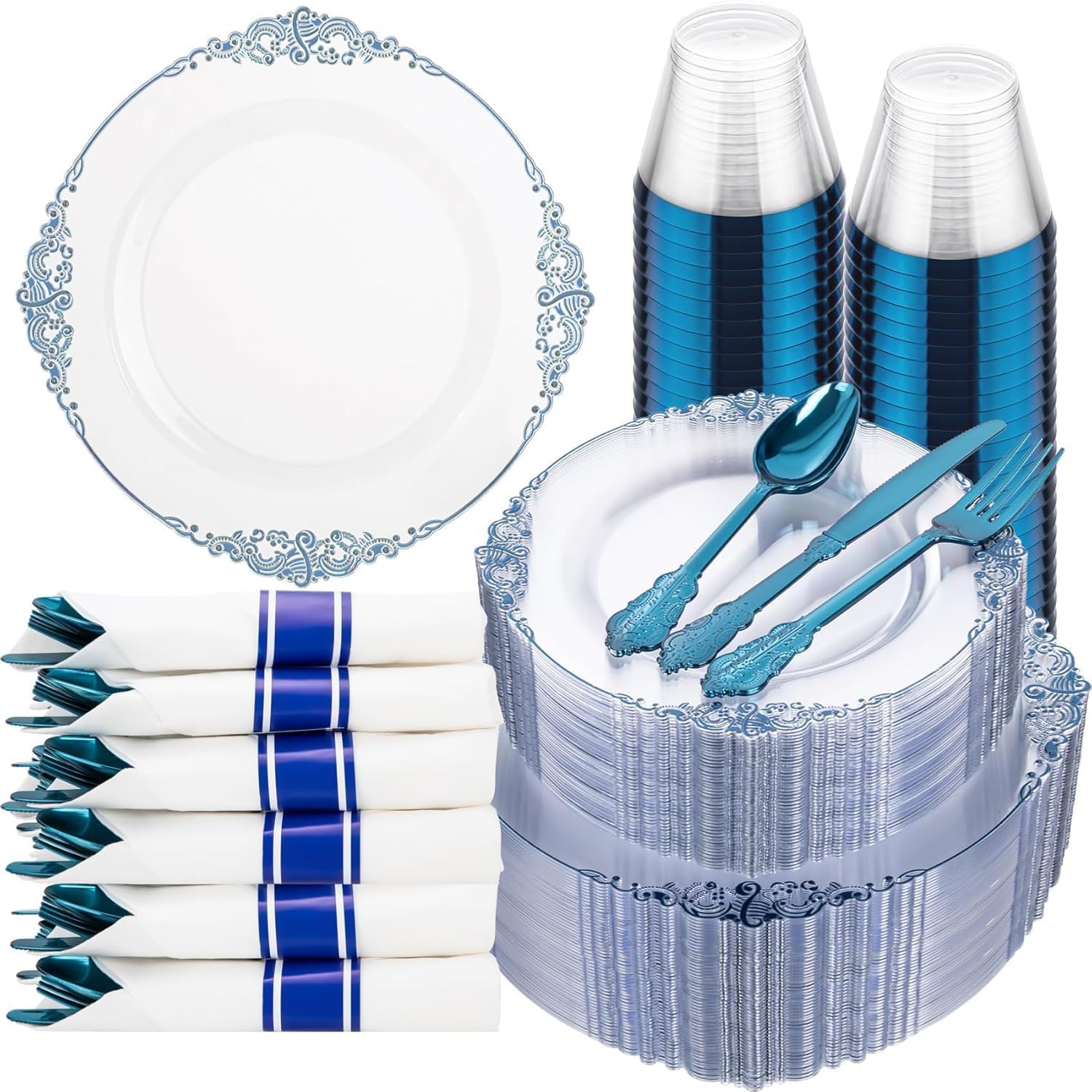 Detalle de Hioasis 350pcs Clear Blue Plastic Plates — Elegant Disposable Dinnerware Set for 50 Guests