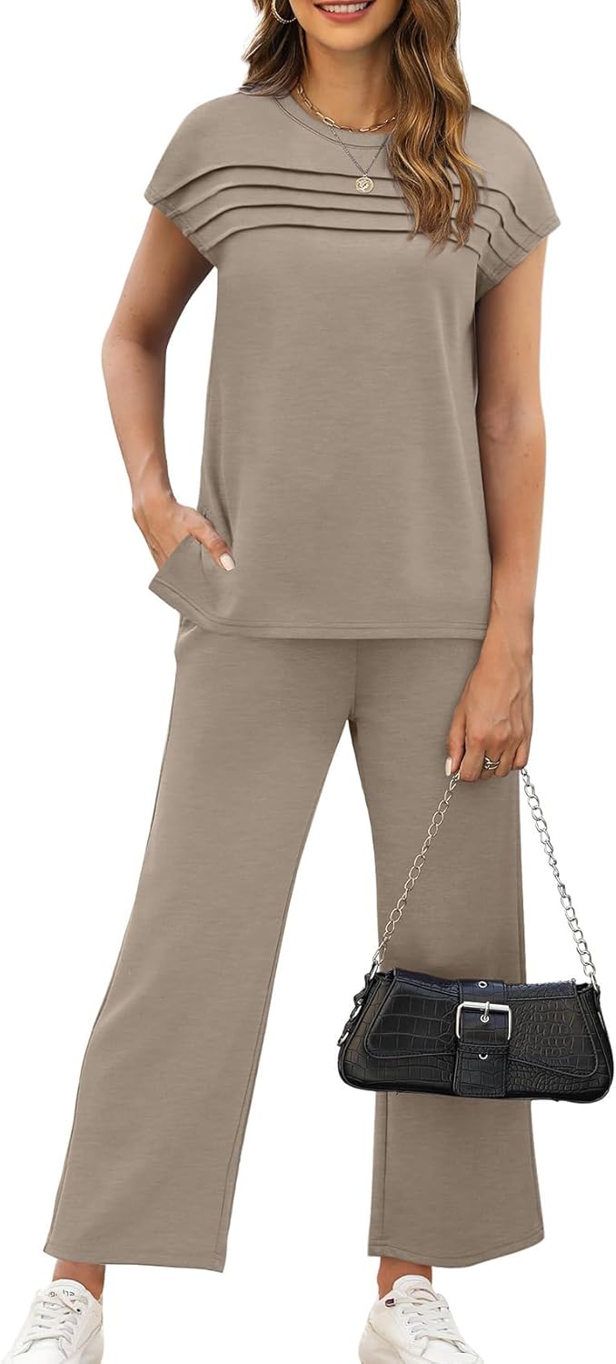 Thumbnail 1 de WIHOLL Two-Piece Cap Sleeve Lounge Set with Wide-Leg Crop Pants (S–3XL) for Summer Travel Outfits