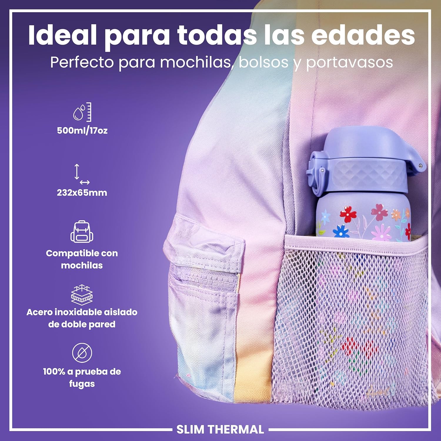 Detalle 2 de ion8 Botella de Agua Inox Térmica 500ml 🌸 Sin Fugas Fácil Abrir