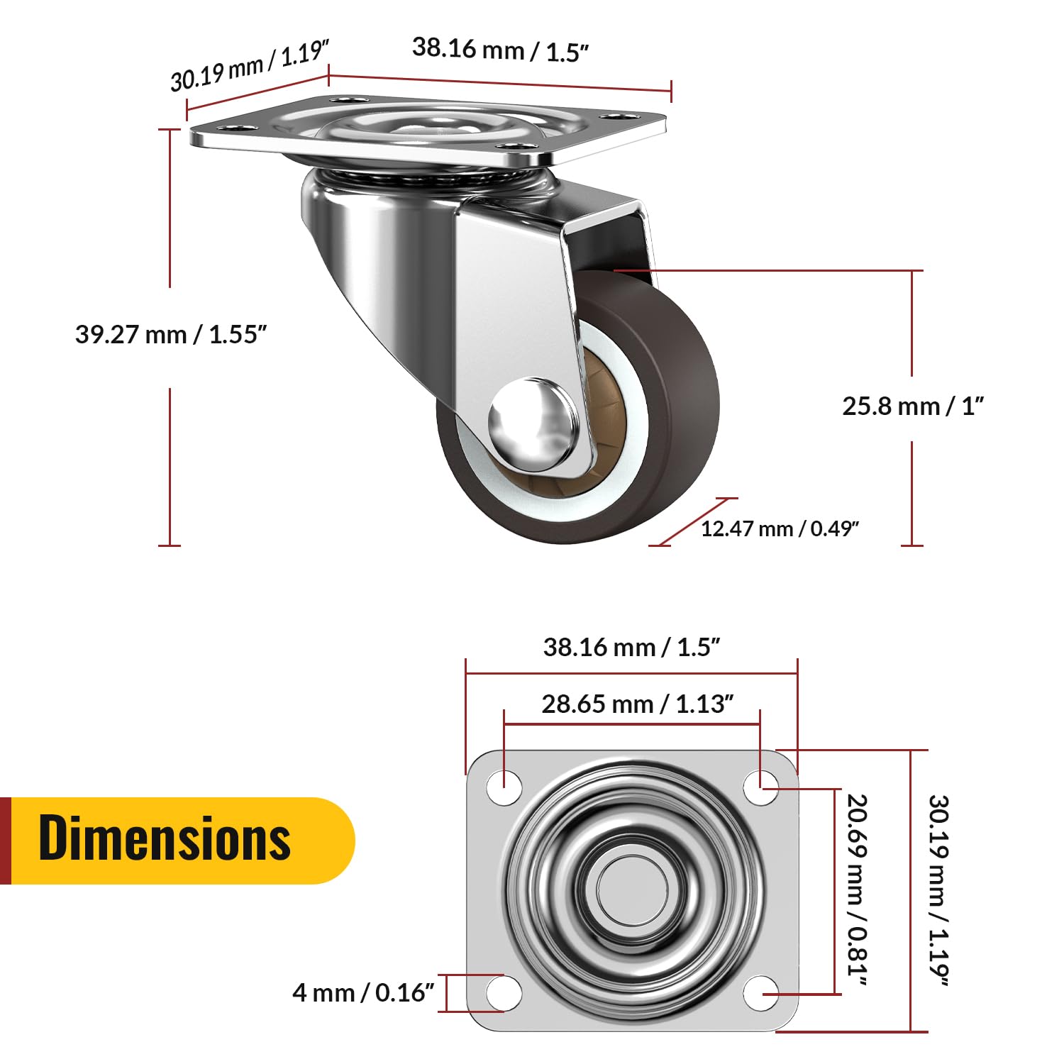Detalle de HOLKIE 1-Inch Small Caster Wheels, 360° Swivel, TPR, Set of 4