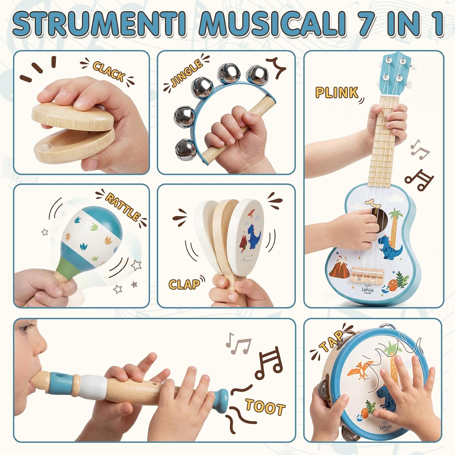 Detalle 2 de Lehoo Castle: Chitarra per Bambini con 7 Strumenti Montessori – Giocattolo in Legno FSC