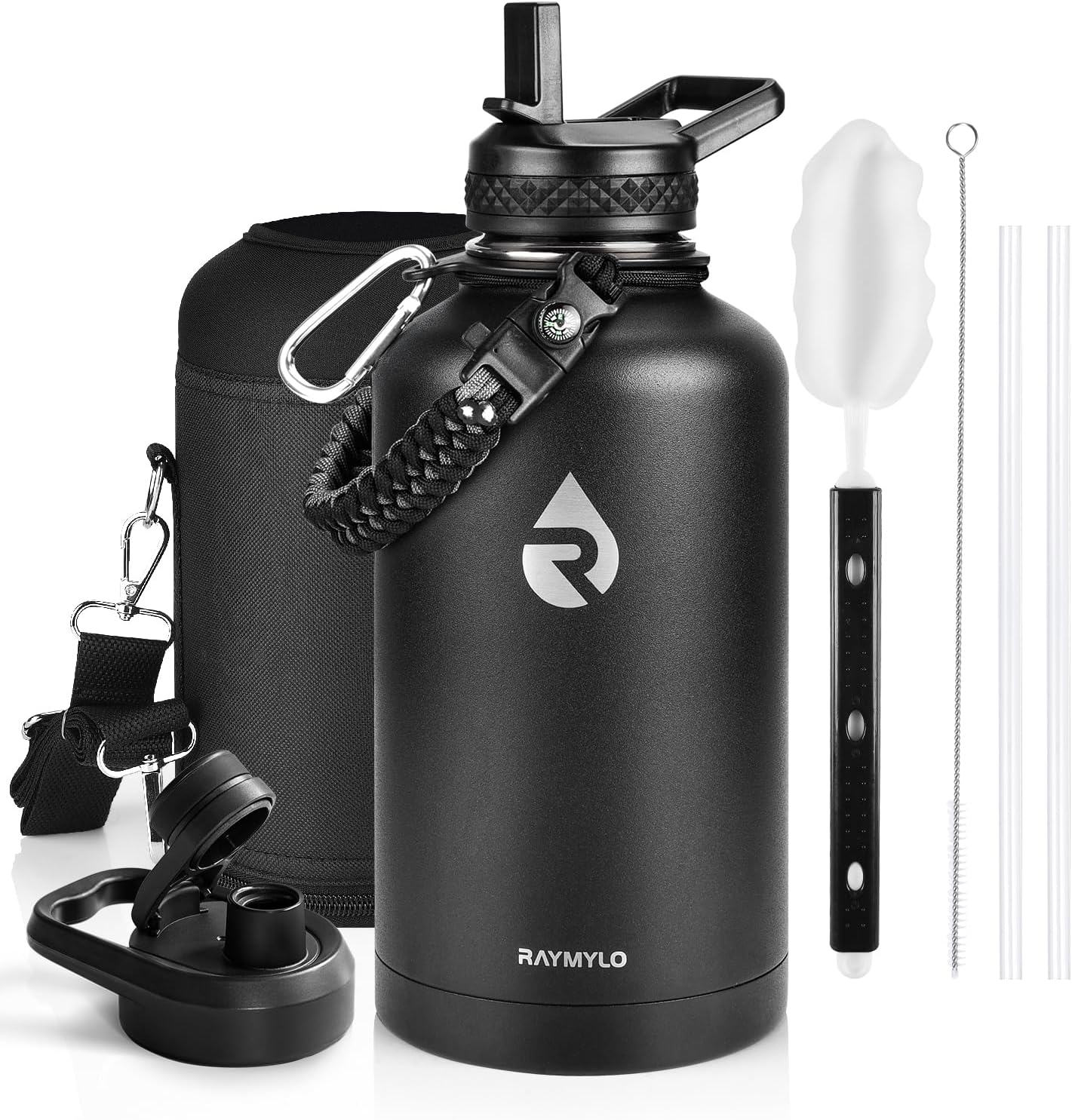 Detalle de RAYMYLO 64 oz Insulated Stainless Steel Bottle with Triple-Wall Vacuum, Leak-Proof Lids, and Paracord Handle
