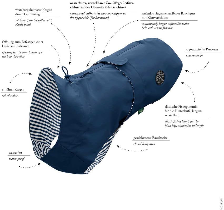 Detalle de Hunter Hunde-Regenmantel Milford – Blau, ergonomisch geschnitten, mit Öffnung für Halsband und Geschirr