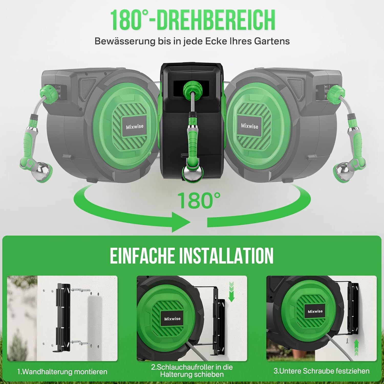 Detalle de Schlauchtrommel Gartenschlauch RollUp mit 180° Schwenkbarem Halter, 20 m Schlauch, 10‑fache Düse und automatischem Rückzug