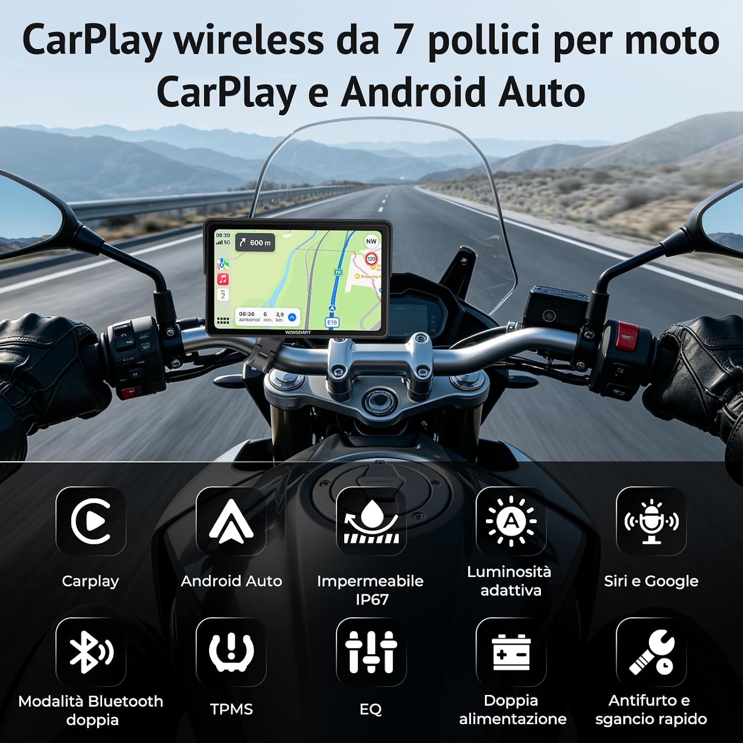 Thumbnail 1 de Wonsidary W722TPMS Schermo CarPlay Moto 7" Wireless con Android Auto, TPMS e GPS IP67