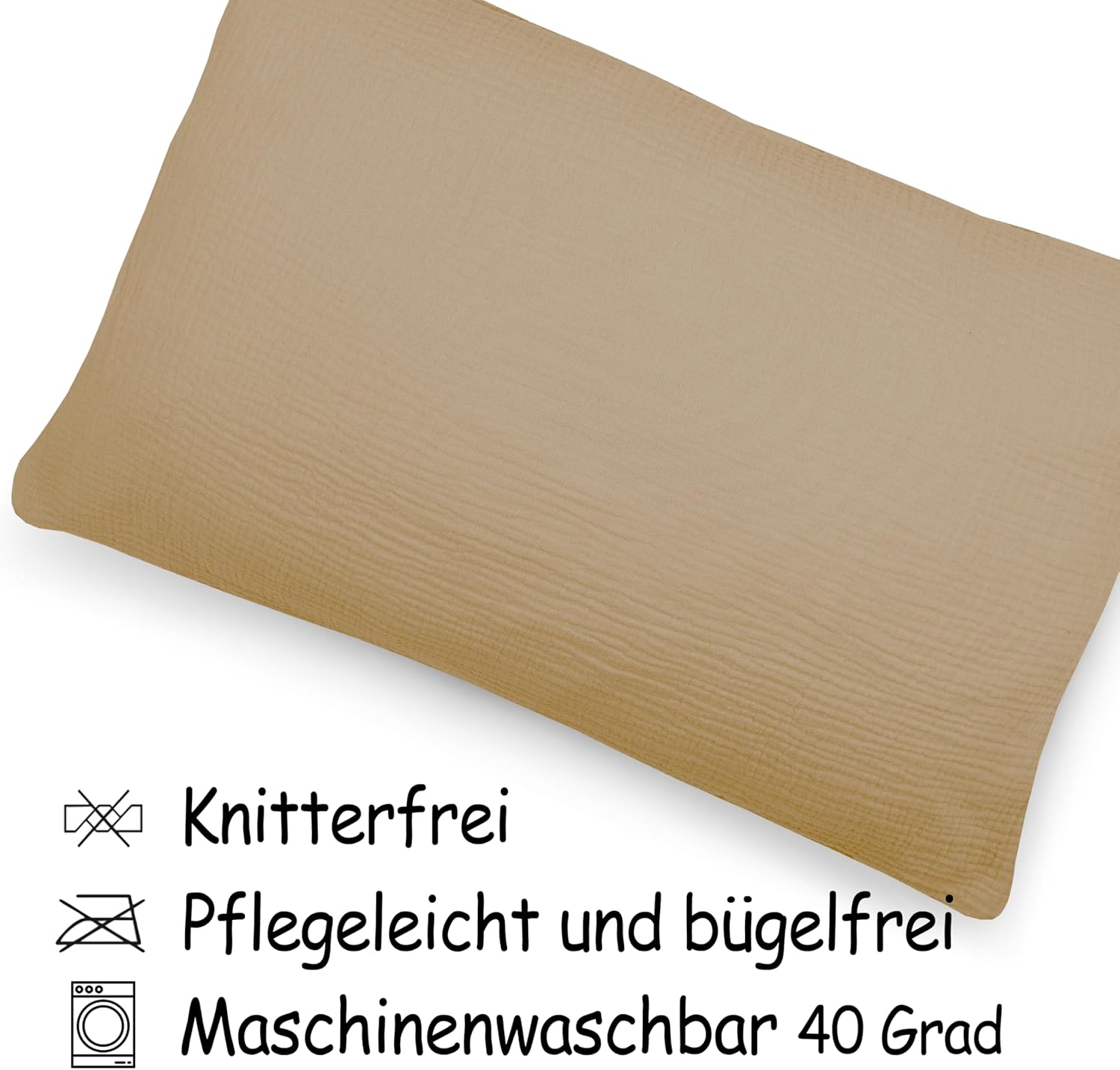 Thumbnail 5 de PinkZebra Bio-Musselin Kopfkissenbezug 40 x 80 cm (ÖkoTex/GOTS), mit Reißverschluss, beige