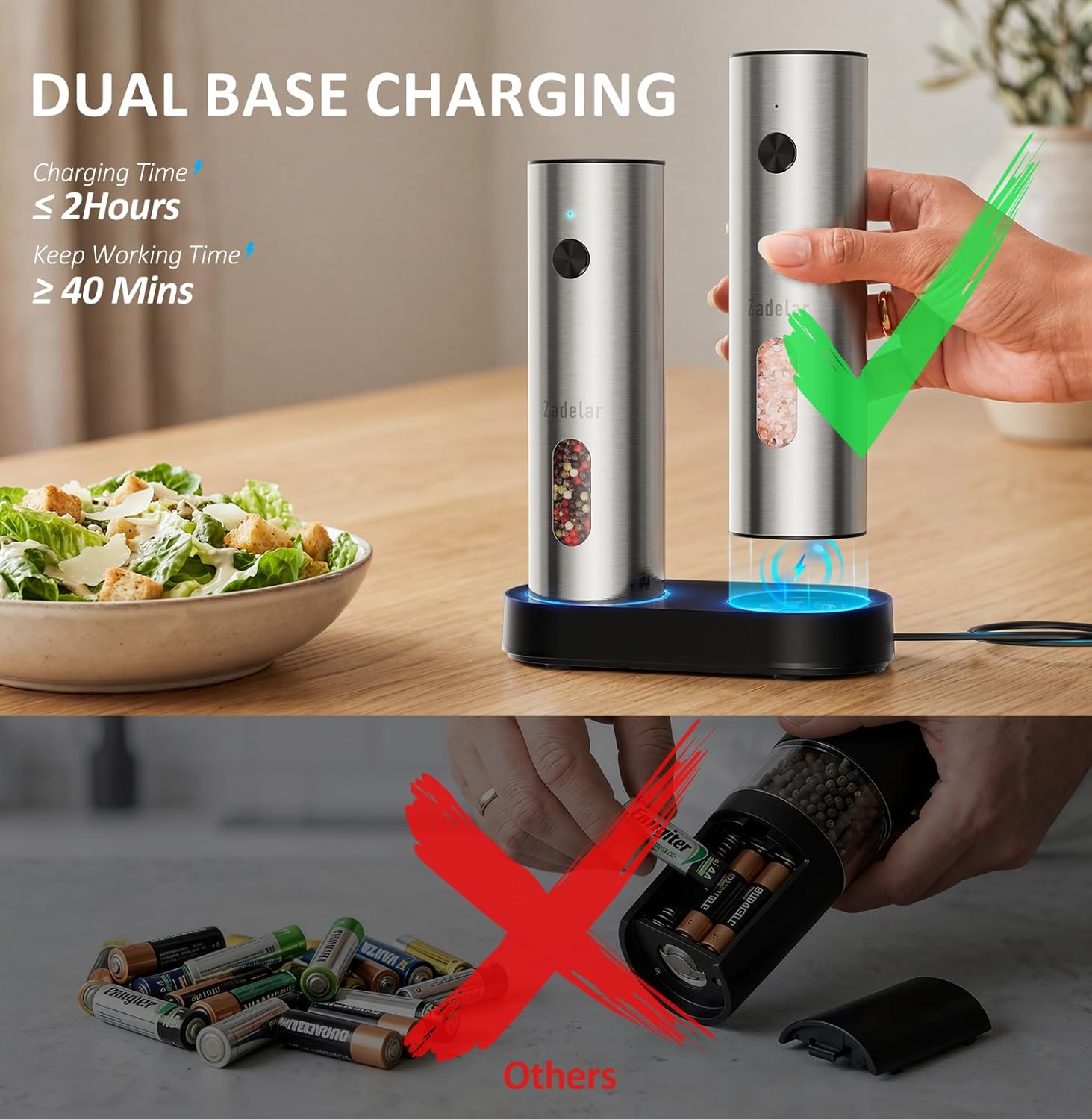 Thumbnail 3 de Zadelar Rechargeable Electric Salt and Pepper Grinder Set with USB-C Charging Dock
