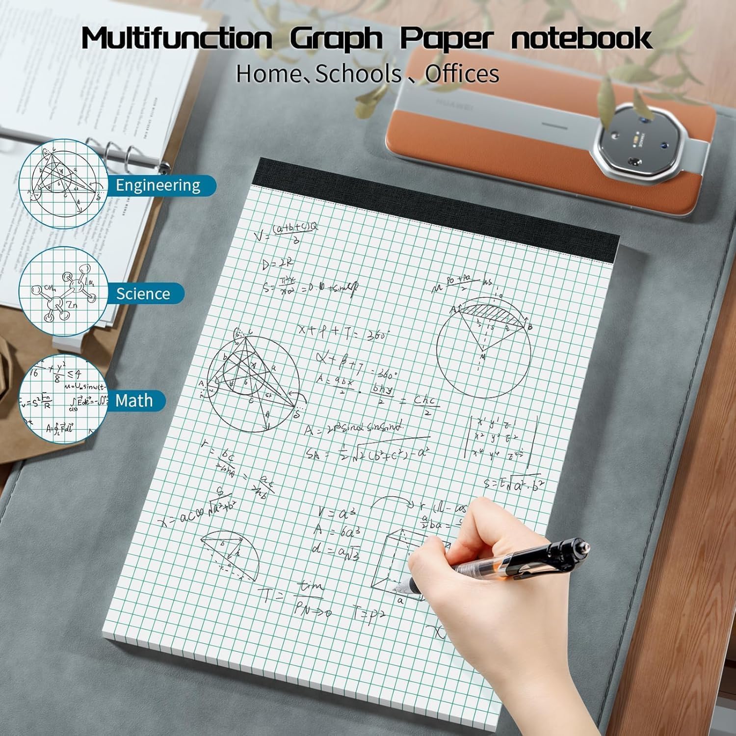 Detalle 1 de Roneky 8.5 x 11 Graph Paper Pads, 3-Pack, 4x4 Quad Grid, Perforated