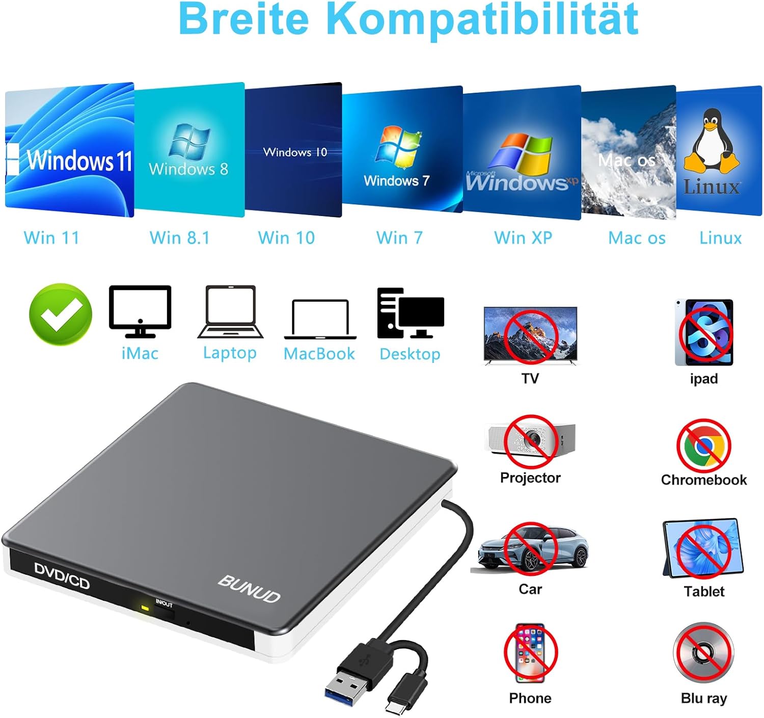 Thumbnail 4 de BUNUD externes CD/DVD-Laufwerk für Laptop (USB-C/USB 3.0) mit SD/TF & 2 USB-Ports
