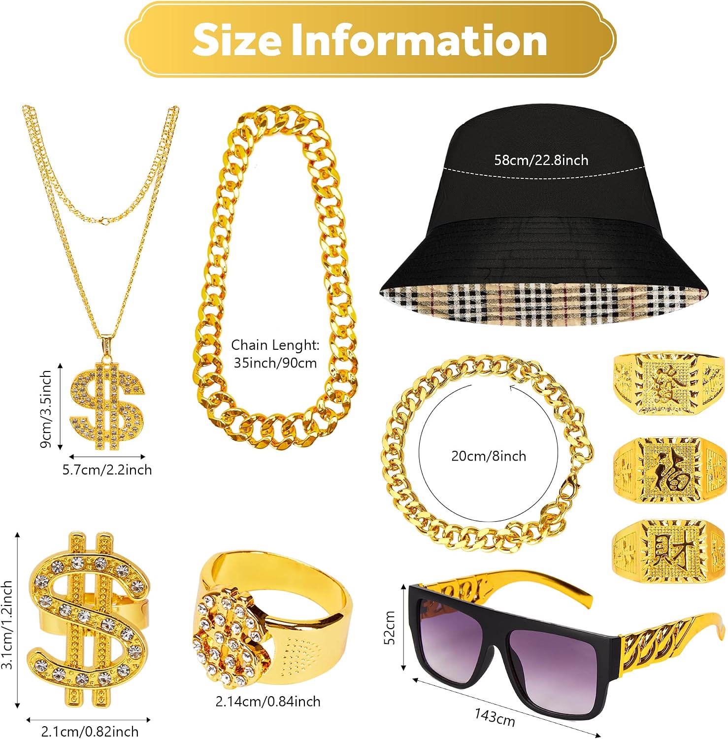 Detalle 2 de Hip Hop Costume Kit – Gold Chain, Dollar Sign Necklace & Accessories