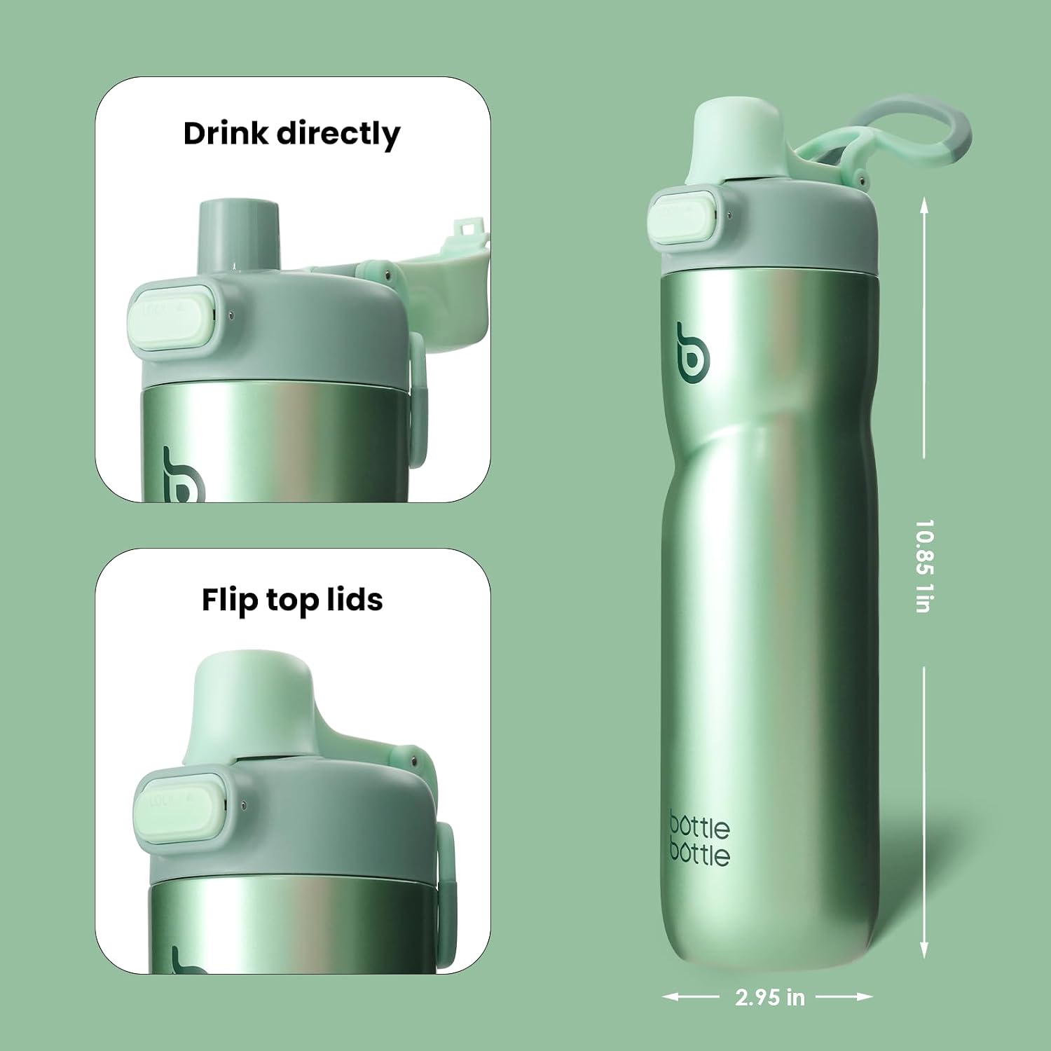 Detalle 2 de BOTTLE BOTTLE Insulated 24 oz Green stainless steel sports water bottle with flip-top lids