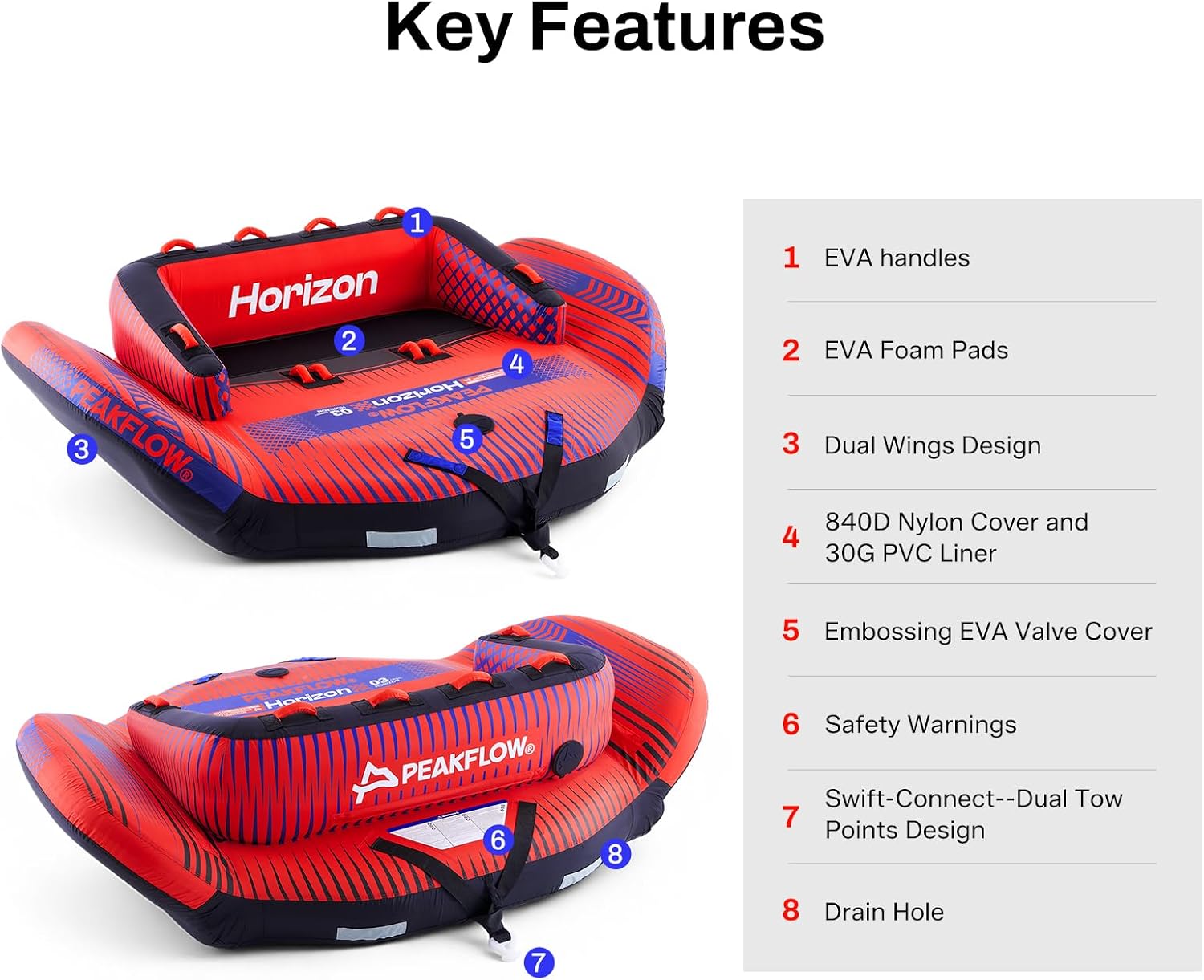 Detalle 2 de PEAKFLOW Towable Tube: 1–3 Person, Premium PVC/840D Nylon Build, Dual Tow Points