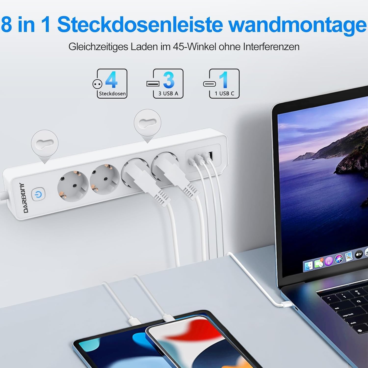 Thumbnail 1 de Steckdosenleiste 4 USB mit USB‑C, Wandmontage und Schalter – 3680 W / 16 A Mehrfachstecker mit Überspannungsschutz, 1,8 m, weiß