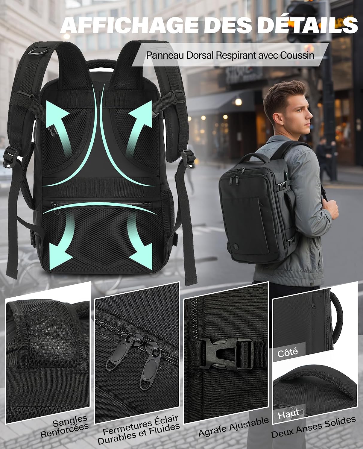 Detalle de VANKEV Bagage Cabine 40x20x25 cm – Sac à dos cabine 20 L pour Ryanair, ordinateur 14 pouces, noir