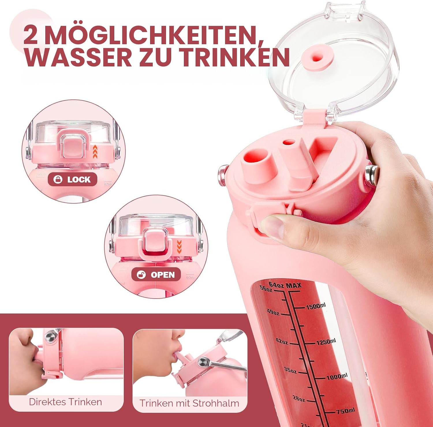 Detalle de BLUEGO 2000ml Glaswasserflasche mit Edelstahlgriff, Zeitmarkierung und Silikonhülle – BPA-frei, Rosa