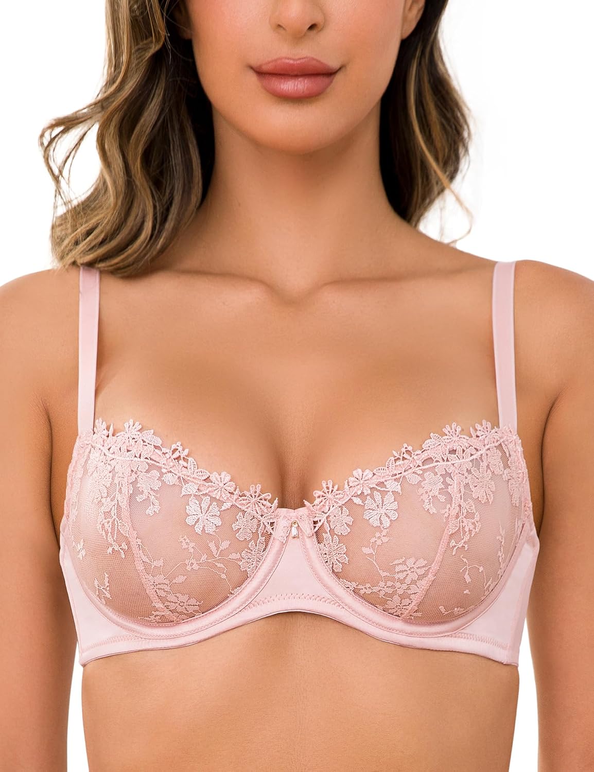 Detalle de Wingslove Women's Lace Demi See-Through Balconette Bra with Convertible Straps