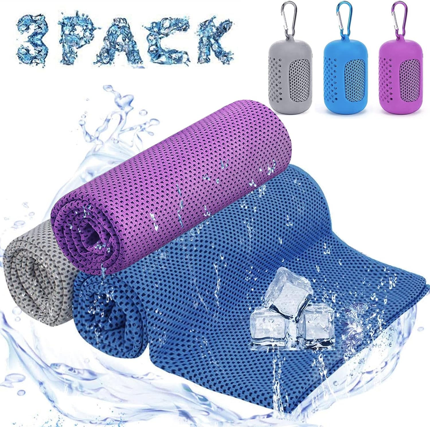 Detalle de Ciskotu Kühltuch Set – Mikrofaser Kühl-Handtuch 90 × 30 cm mit Silikonbox (Blau+Lila+Grau)