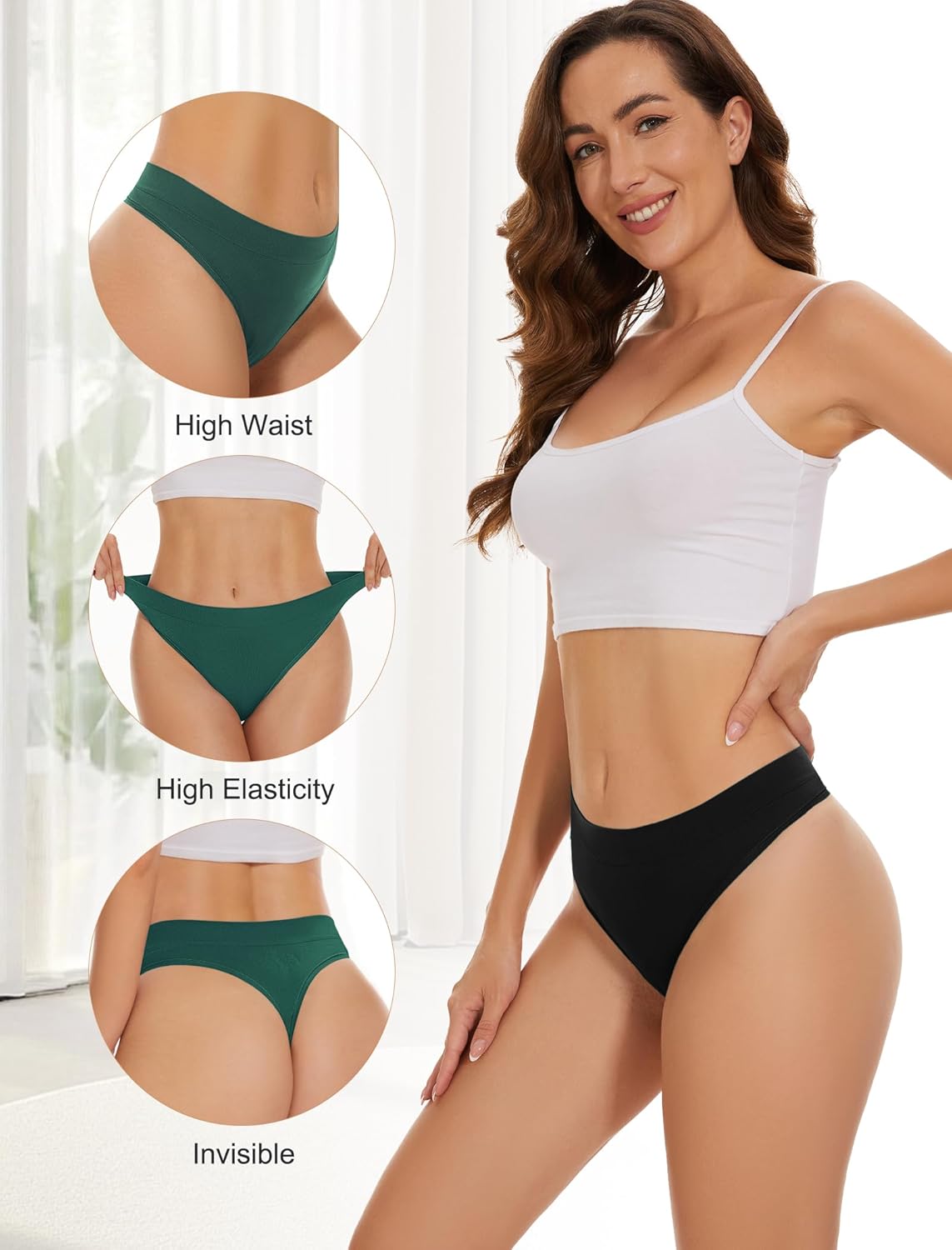 Detalle de VOENXE Seamless High-Waisted Thongs for Women (5-Pack): Breathable, No VPL Comfort You Can Rely On