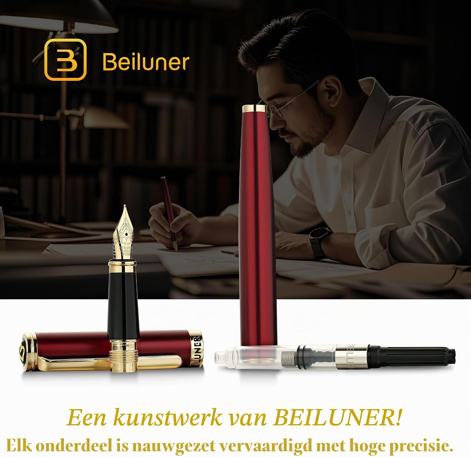 Detalle 2 de BEILUNER FP-F03 vulpen met bordeauxrode lak, 24K gouden accenten en fijne punt