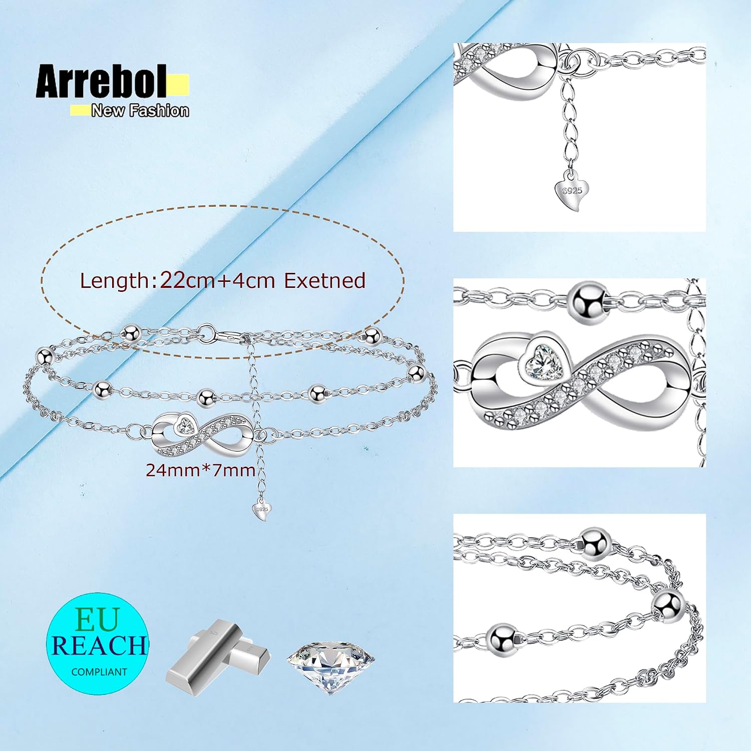 Thumbnail 4 de Arrebol Fußkettchen Damen aus Silber 925 – Doppelkette mit Kugelperlen, verstellbar (22 cm + 4 cm)
