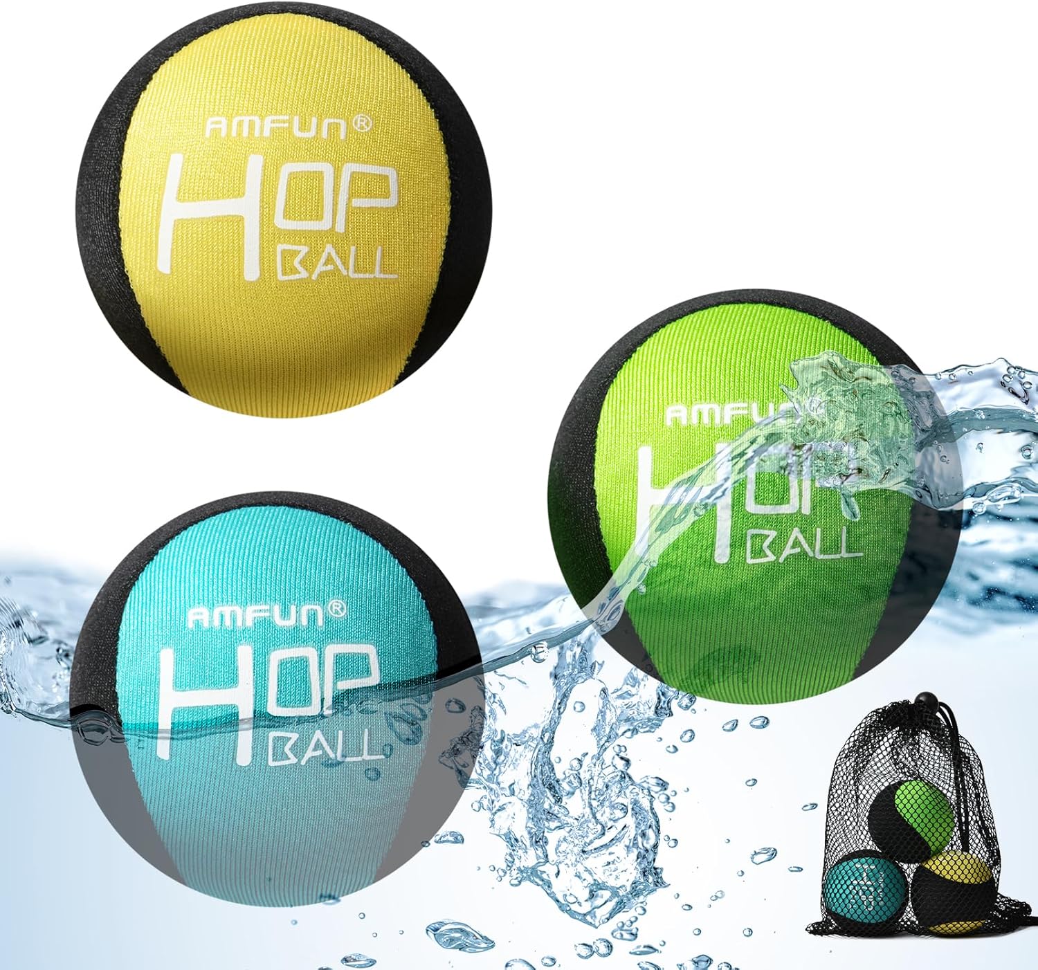Detalle de AMFUN Wasser-Hüpfball-Set 3 Stück (Blau, Gelb, Grün) – schneller TPR mit Lycra-Bezug