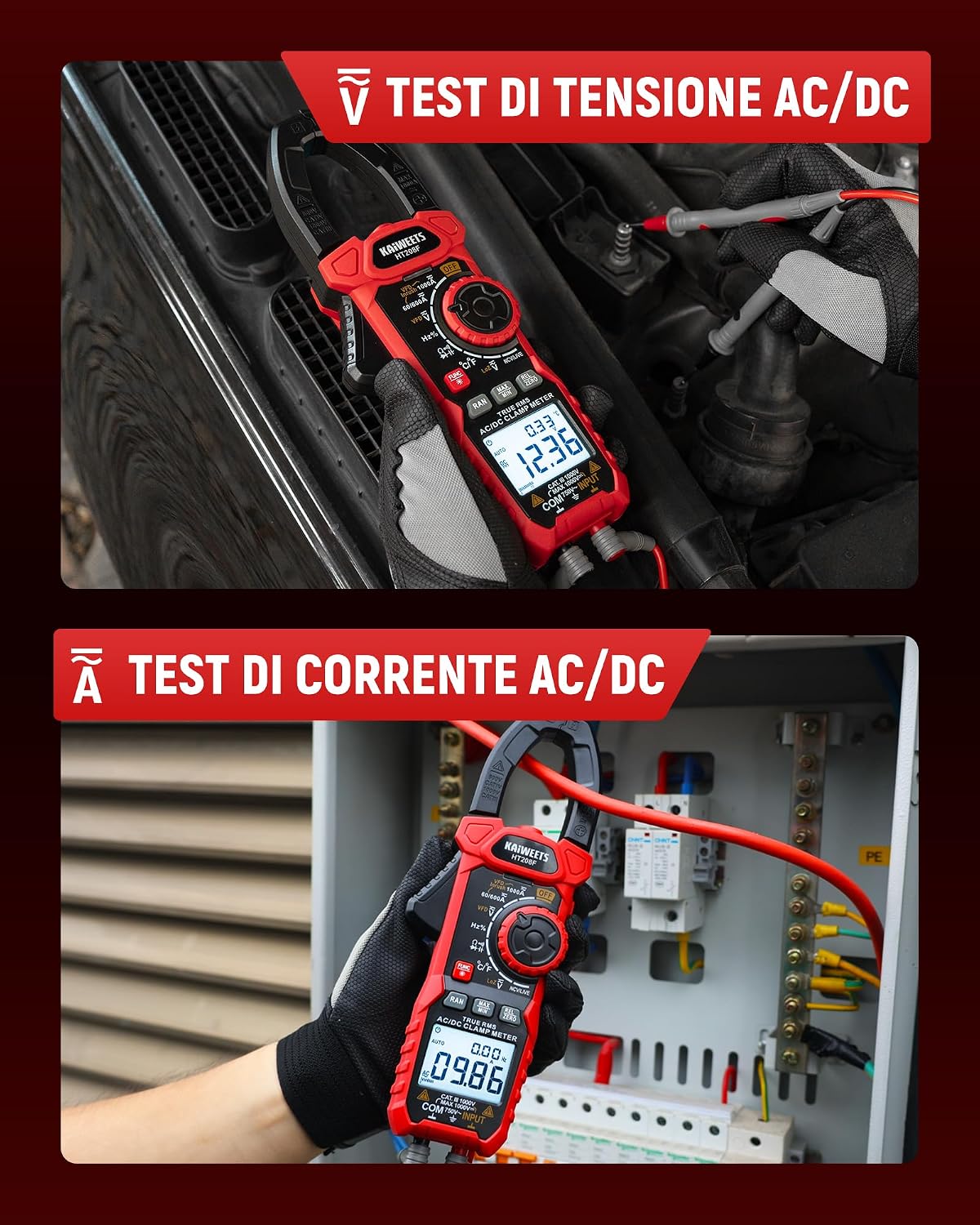 Detalle 2 de Pinza Amperometrica KAIWEETS HT208F AC/DC 1000A: ampere digitale con conteggio e funzioni avanzate