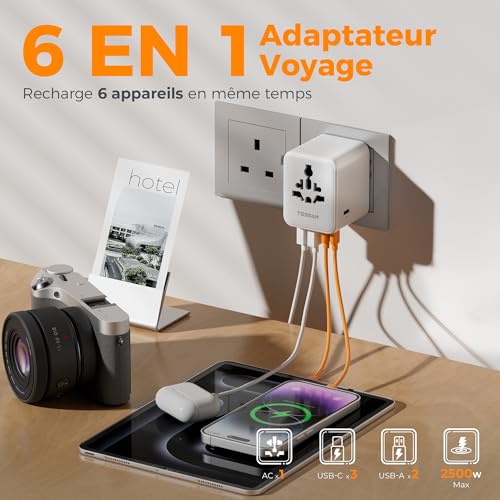 Detalle 2 de TESSAN Adaptateur universel de voyage, 3 USB-C, 2 USB-A et 28 W