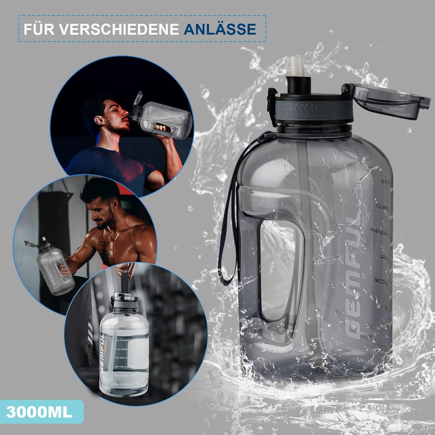 Thumbnail 6 de GEMFUL 3L Sport-Trinkflasche mit Zeitmarkierung, Strohhalm & Tragegriff (BPA-frei) – grau