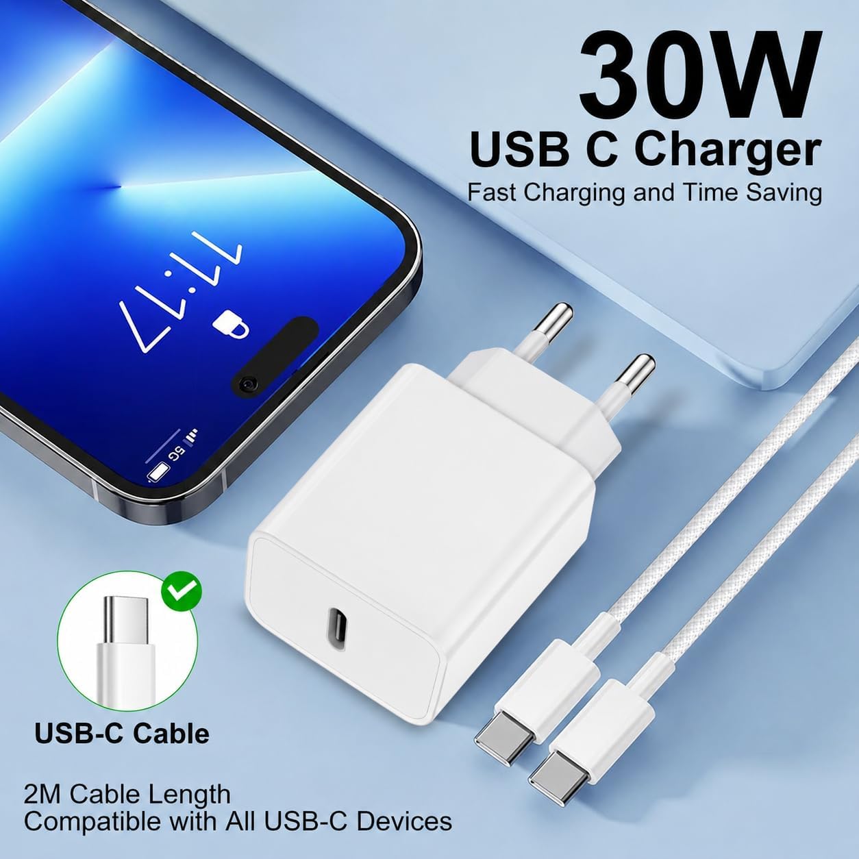 Thumbnail 1 de Bimker chargeur rapide USB-C 30 W pour iPhone 17/16 Pro et iPad (câble USB-C 2 m nylon tressé)