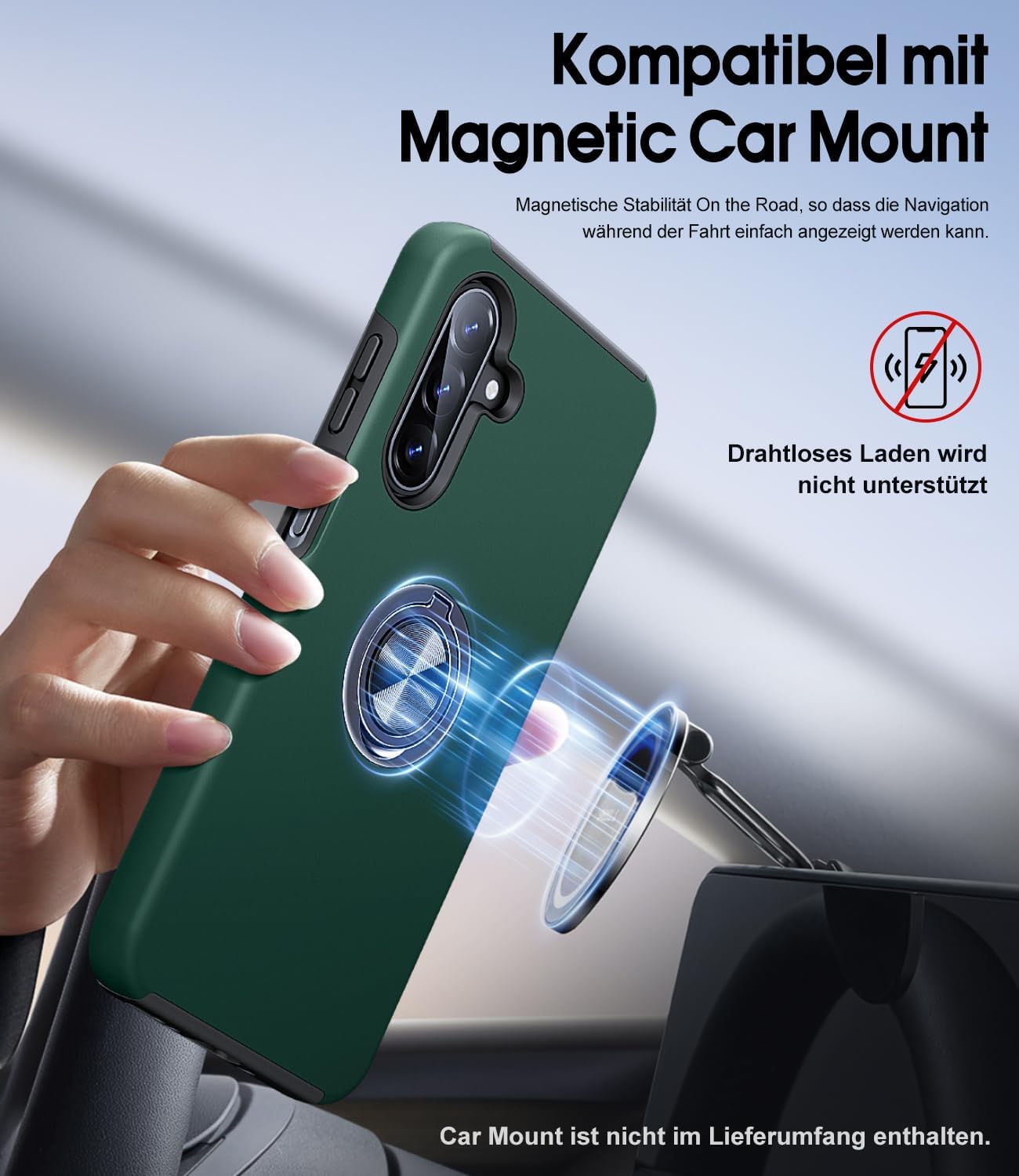 Thumbnail 3 de AOUIA Hülle für Samsung Galaxy A17 5G mit 2x Panzerglas, 360° Ring-Ständer, Militärschutz – Dunkelgrün