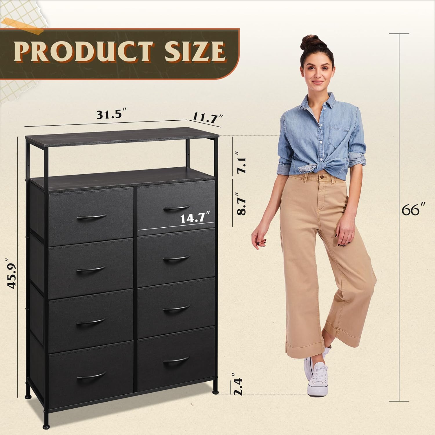 Detalle de WLIVE ASNG085DK 8-Drawer Fabric Dresser with Open Shelves