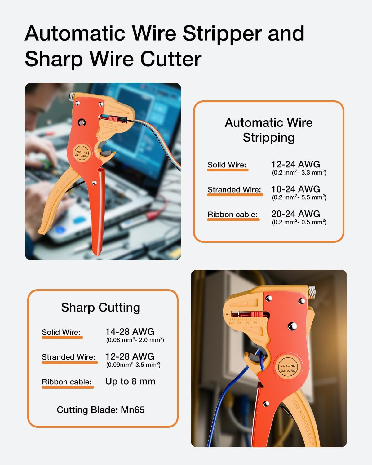 Detalle 2 de VCELINK Automatic Quick Wire Stripper and Cutter (7 Inch) for 14–24 AWG Cables with Eagle Nose