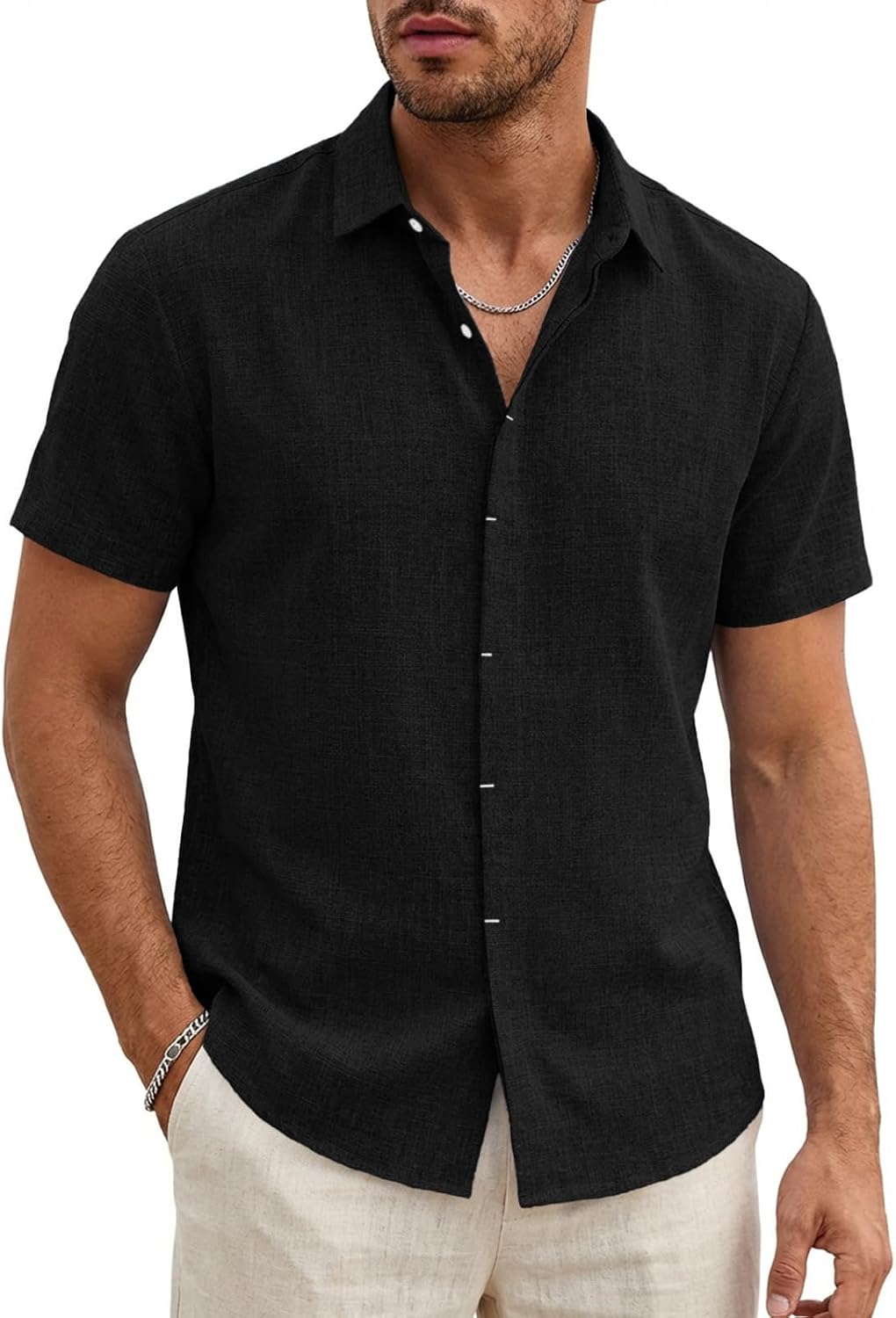 Detalle de Runcati Herren Hemd Kurzarm Leinenhemd – Regular Fit, Sommerleicht & Vielseitig