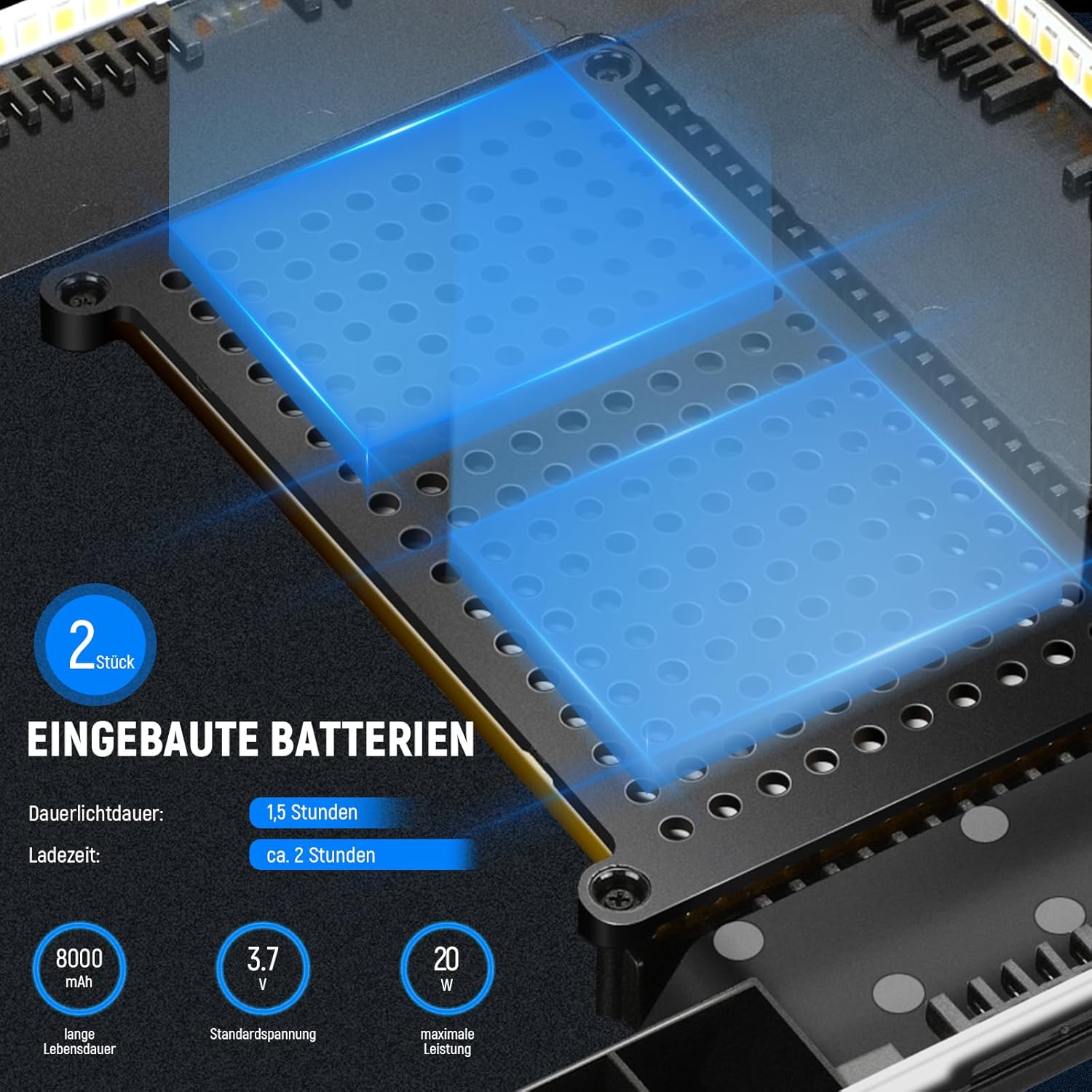 Detalle de NEEWER NL-192AI 13" LED Videolicht Panel Set mit Stativ – Bi-Color 3200–5600K, 2400 Lux, 8000mAh Akku
