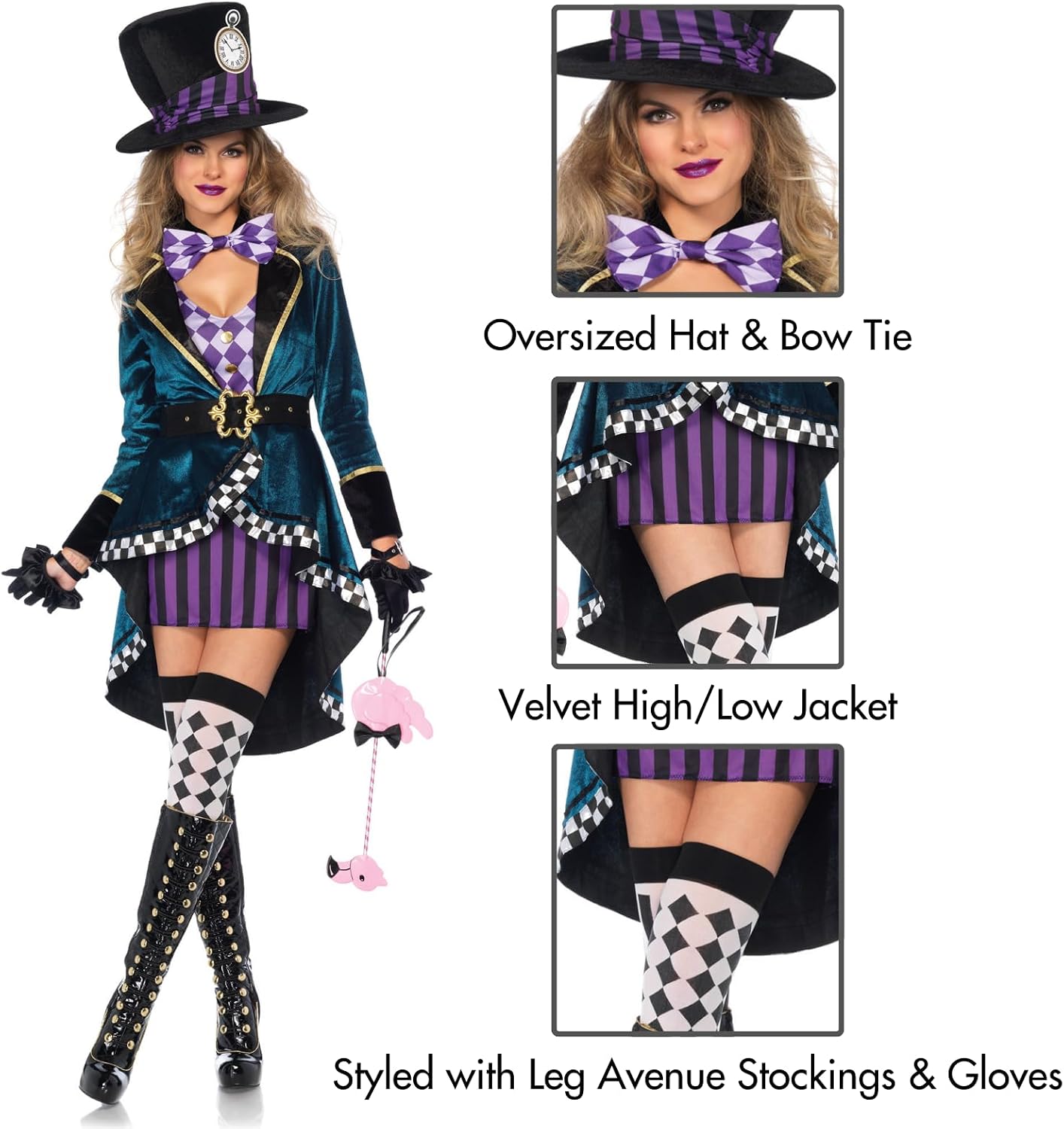Detalle de Leg Avenue Mad Hatter Costume with Dress, Jacket, Belt, Bow Tie and Hat