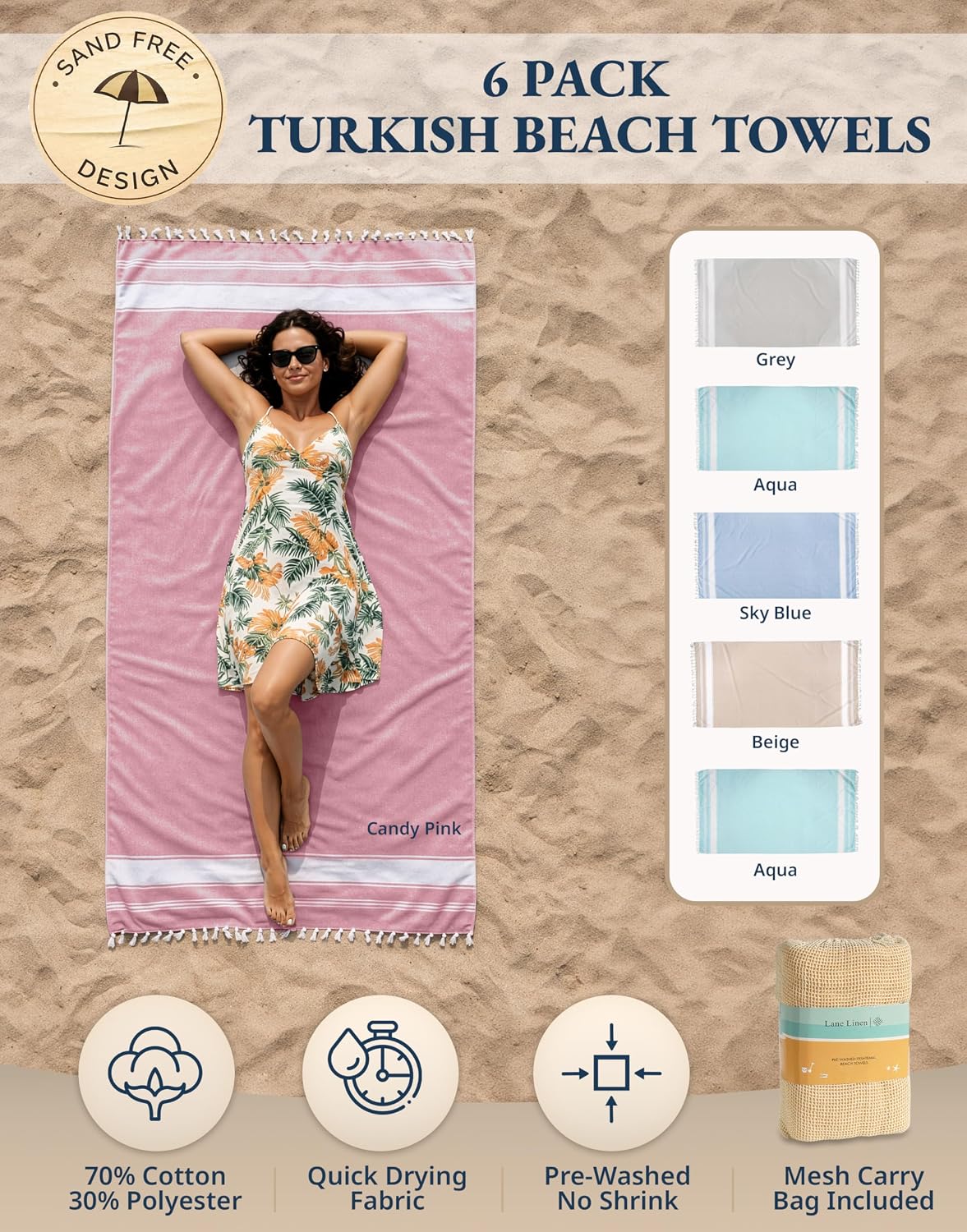 Detalle 2 de LANE LINEN Turkish Beach Towels Set 39x71