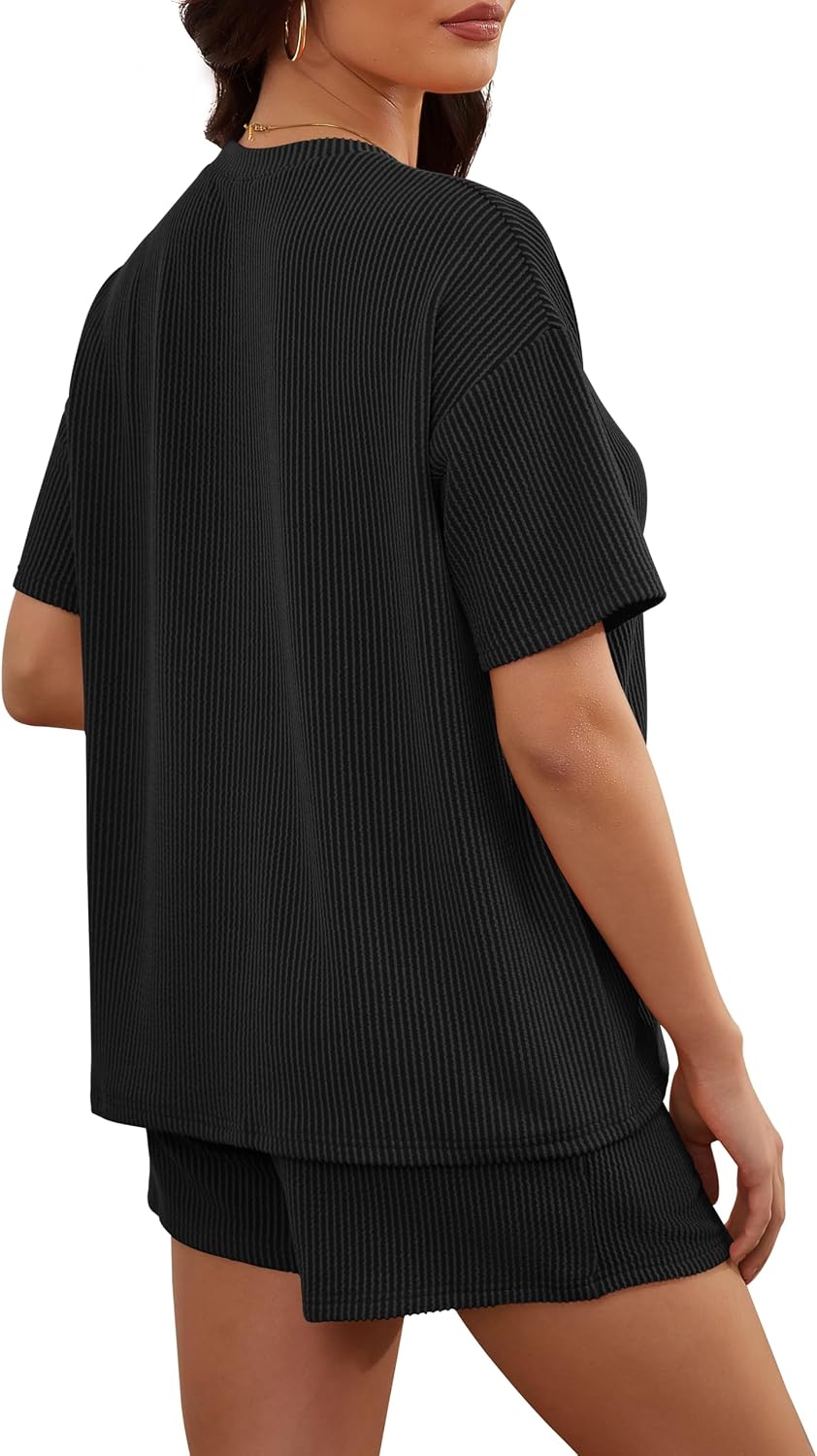 Detalle de RUBZOOF Women's 2-Piece Ribbed Knit Lounge Set – Short Sleeve Top + Shorts
