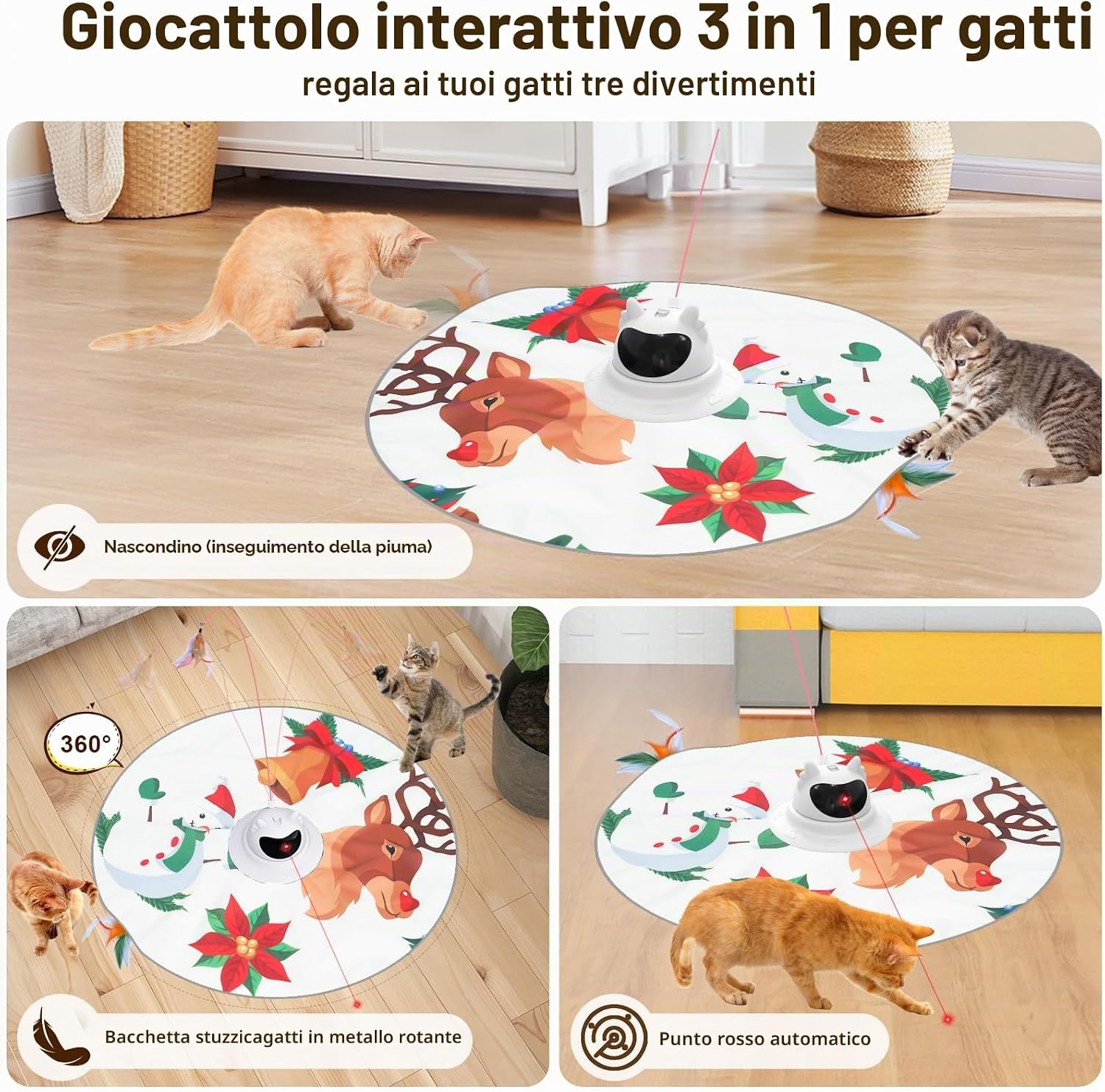 Thumbnail 1 de Spessn Giocattolo Interattivo per Gatti 3 in 1: gioco automatico con piume, punto rosso regolabile e tappetino di gioco