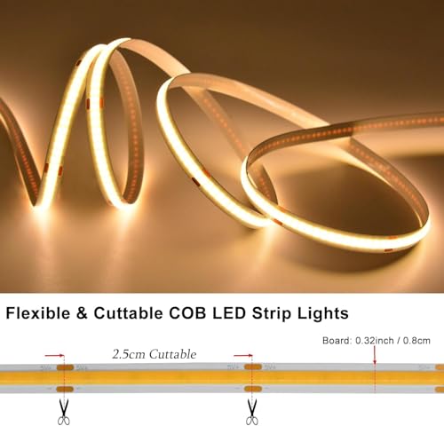 Detalle de Kimuwote Tira LED COB 3 m USB 5 V, 960 LED, 3000 K, atenuable y fácil de instalar