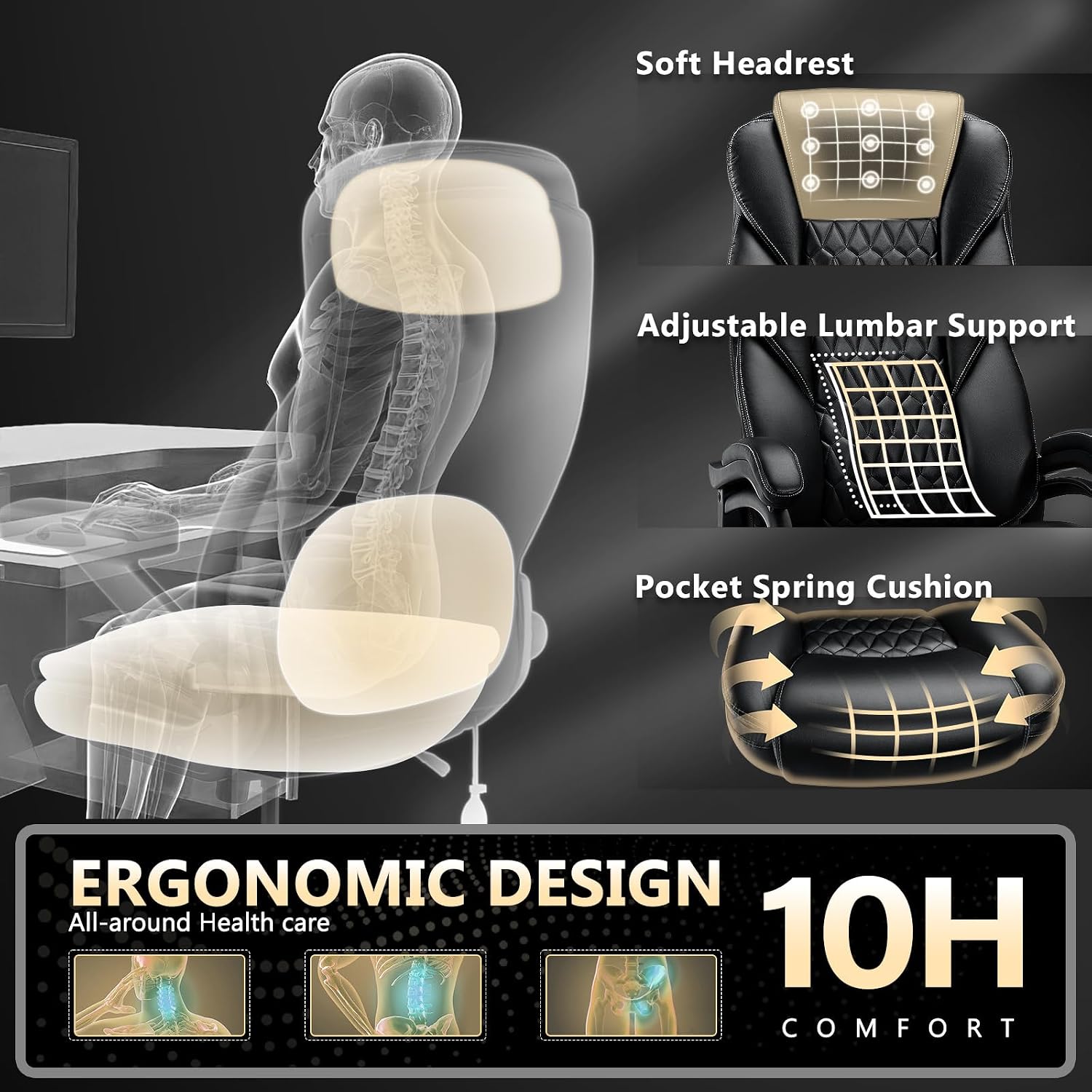 Detalle 2 de Famsway MT001 Big and Tall Office Chair, 600 lb Capacity, Pocket Spring Cushion