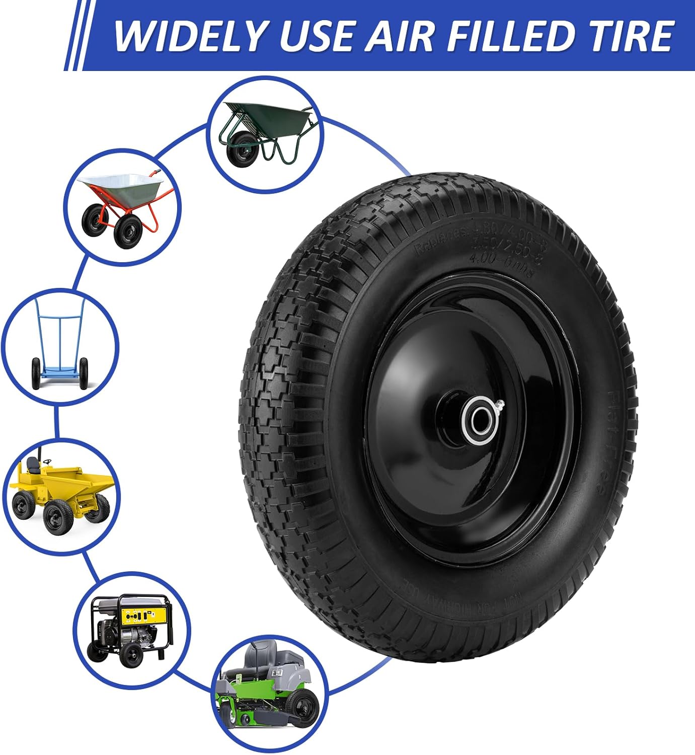 Detalle de 4.80/4.00-8" Flat Free Wheelbarrow Tire with 14.5" Wheel, Universal Hub (3" Center, 3/4" & 5/8" Bearings) — Solid Polyurethane, 300 lb Capacity