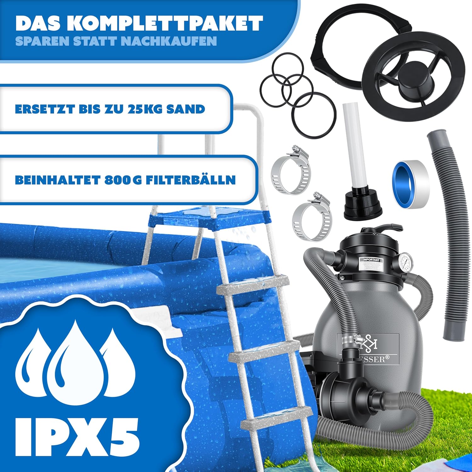 Thumbnail 3 de KESSER Sandfilteranlage (4-Wege Ventil) mit 800 g Filterbällen für Pools bis 10 m³/h – Grau