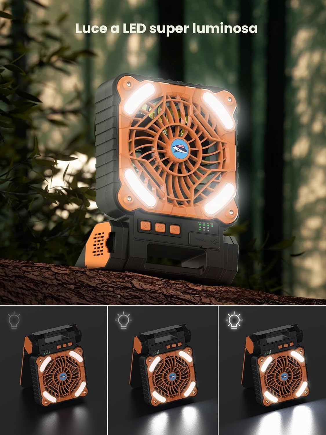 Detalle de Smiling Shark FS-99: Ventilatore da Campeggio con LED, Batteria 6000 mAh, 4 Velocità e Ricarica Solare