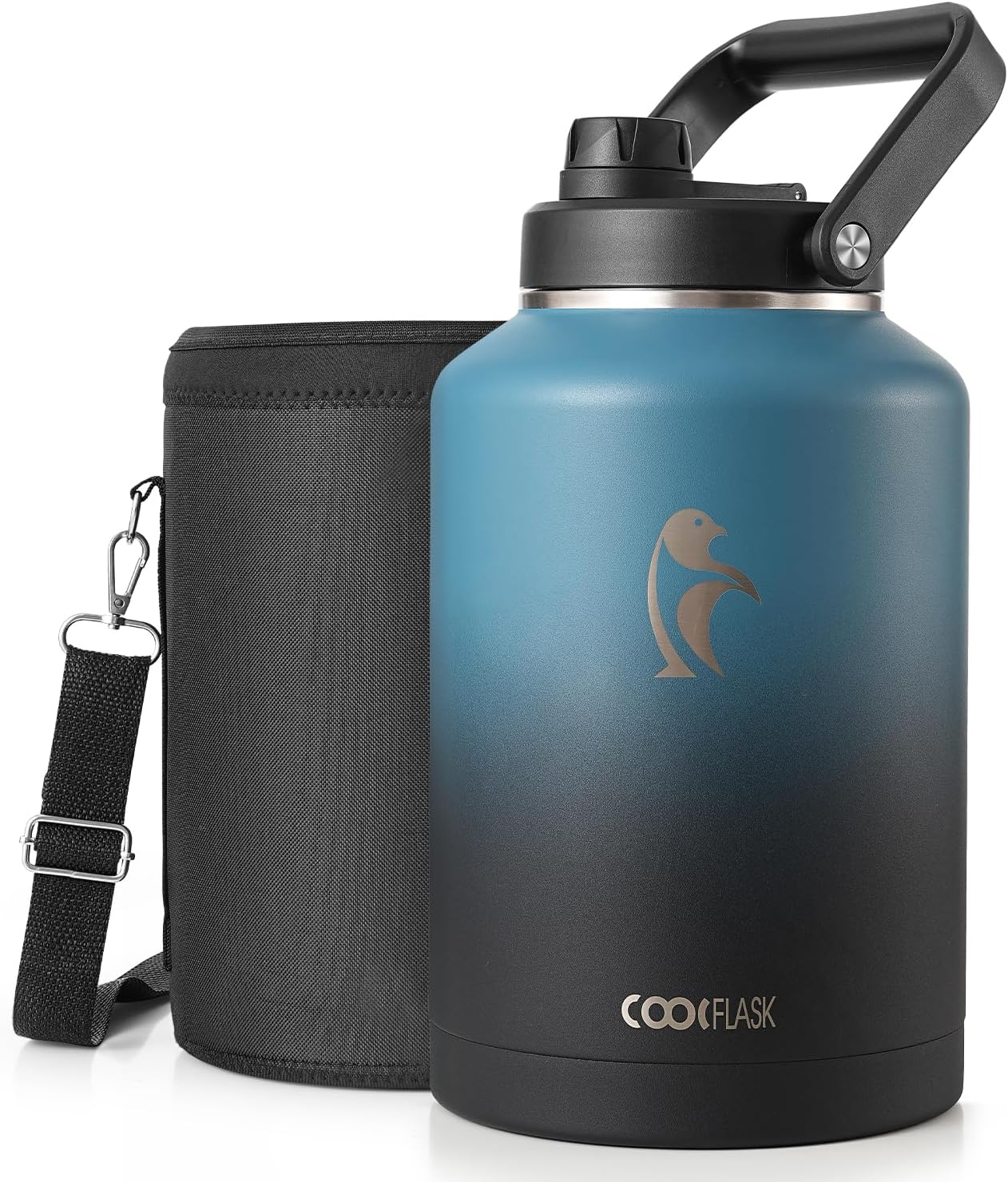 Detalle de Coolflask Titan Gallon Water Bottle Insulated, 128 oz — Stainless Steel, Leakproof with Wide Mouth, Large Handle & Sleeve (Samurai Cyan)